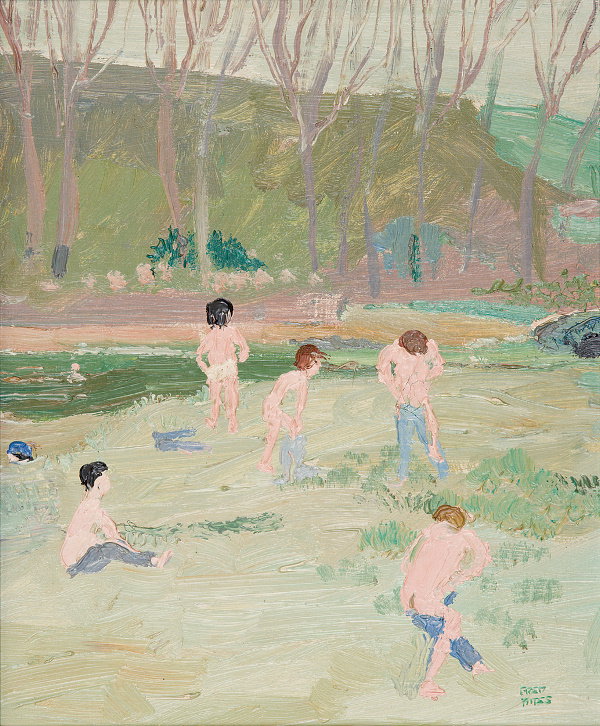 Fred Yates (born: 1922) Boys undressing Oil on bo