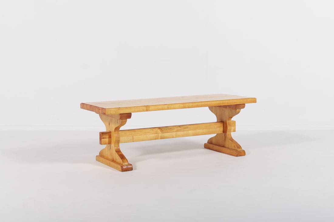 Sweden Small pine bench-coffee table from 1980: Solid lacquered pine bench by Swedish furniture maker. Woodworking details that are also present in the designs of Axel Einar Hjorth, Pierre Chapo and Charlotte Perriand.