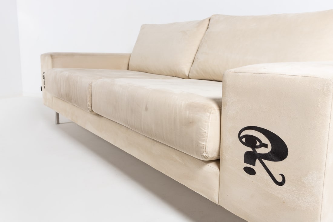 Raun Home unique sofa for Robbie Williams: Sofa upholstered in beige alcantara fabric, brushed steel legs. Specially made for Robbie Williams when he gave a concert in Denmark in 2006.