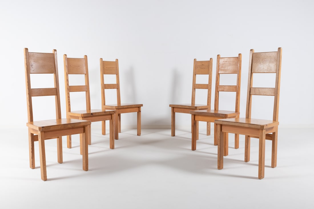Chairs by Roland Wilhelmsson for Karl Andersson & Söner: Set of 6 solid pine chairs designed in 1960's It has square and rectangular shapes, which adds to this appearance. Impressive wood connection details