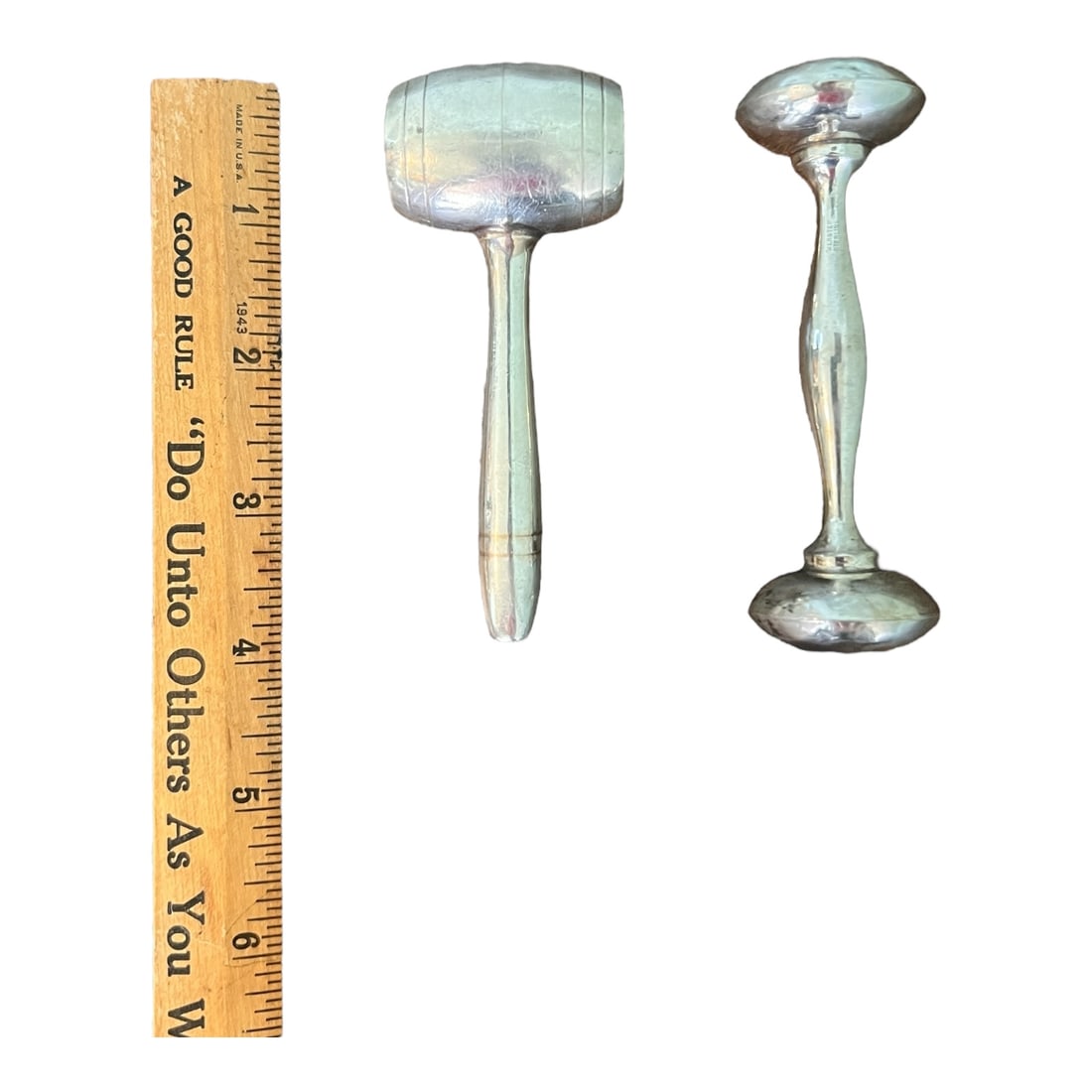 Antique Pair of Sterling Silver Baby Rattles, Webster Hammer Shape: From an Ithaca, NY estate collection. Pair of antique baby rattles, one in the shape of a hammer and the other in a more traditional shape. Hammer is marked Webster Sterling. Other is unmarked but tes