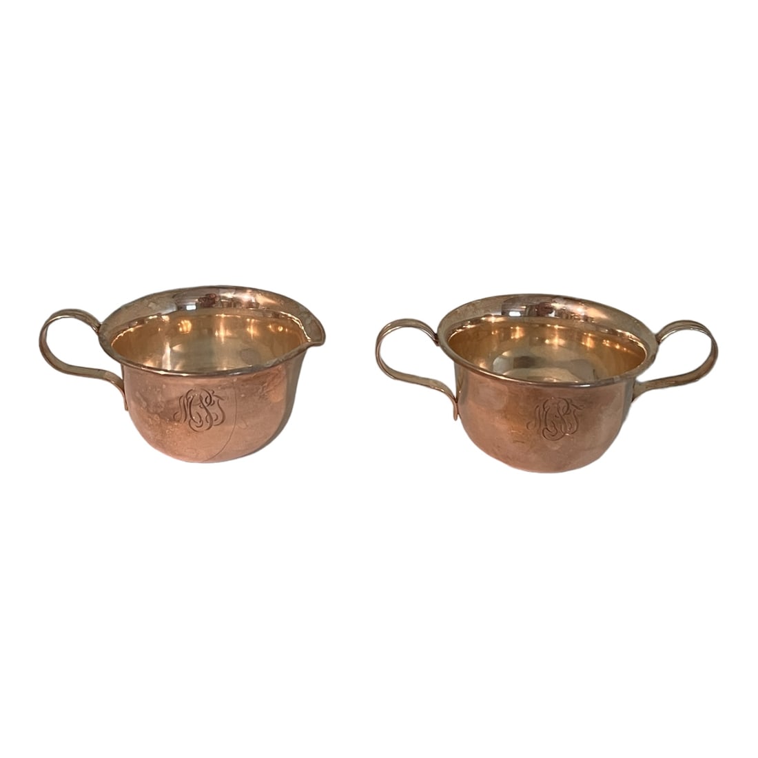 Sterling Silver Creamer & Sugar Bowl Set Lenox FSC-94: From an Ithaca, NY estate collection. Made by Lenox Silver Inc, NYC. Sterling Silver creamer & sugar bowl set, with looped handles. Monogrammed in script. Marked on base and numbered #FSC-94. Each mea