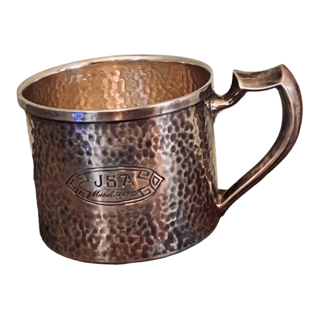 Arts & Crafts Sterling Silver Hammered Child's Cup SSMC: From an Ithaca, NY estate collection. Beautifully hammered Arts & Crafts style Sterling Silver child's cup with ornate handle. Engraved in cartouche with JSA March 31, 1929. Made by Sterling Silver Ma