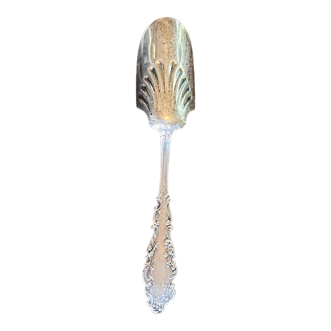 Gorham Luxembourg Pattern Repousse Cheese Scoop Spoon: From an Ithaca, NY estate collection. Made by Gorham. Luxembourg pattern cheese scoop spoon. Marked on back of handle. Measures approx 5.875". Weighs approx .93 ozt.