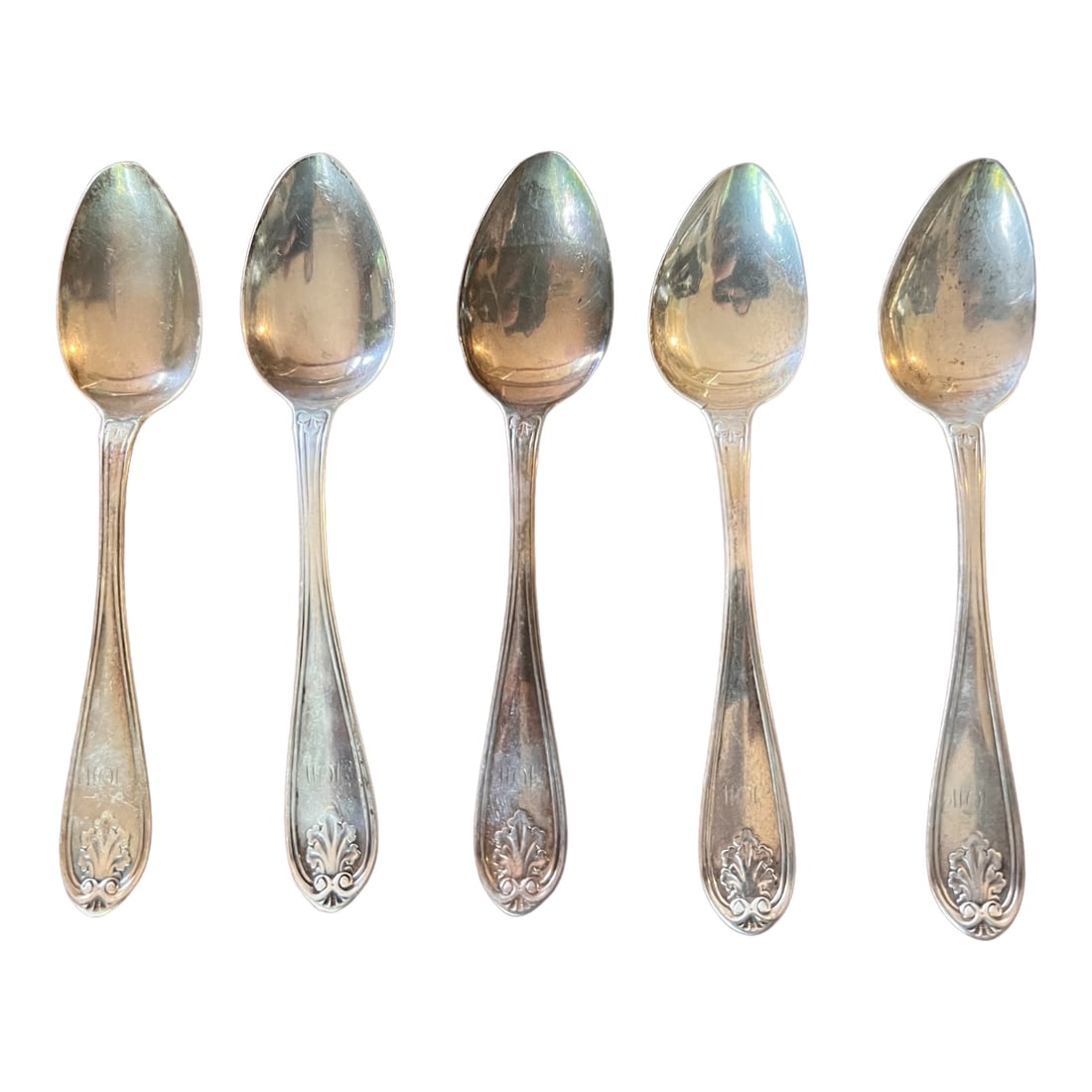 Set of 5 Watts & Harper Sterling Silver Teaspoons: From an Ithaca, NY estate collection. Made by Watts & Harper. Set of 5 sterling silver teaspoons. Unknown pattern. Marked on back of handle. Each measures approx 6". Set weighs approx 3.38 ozt.