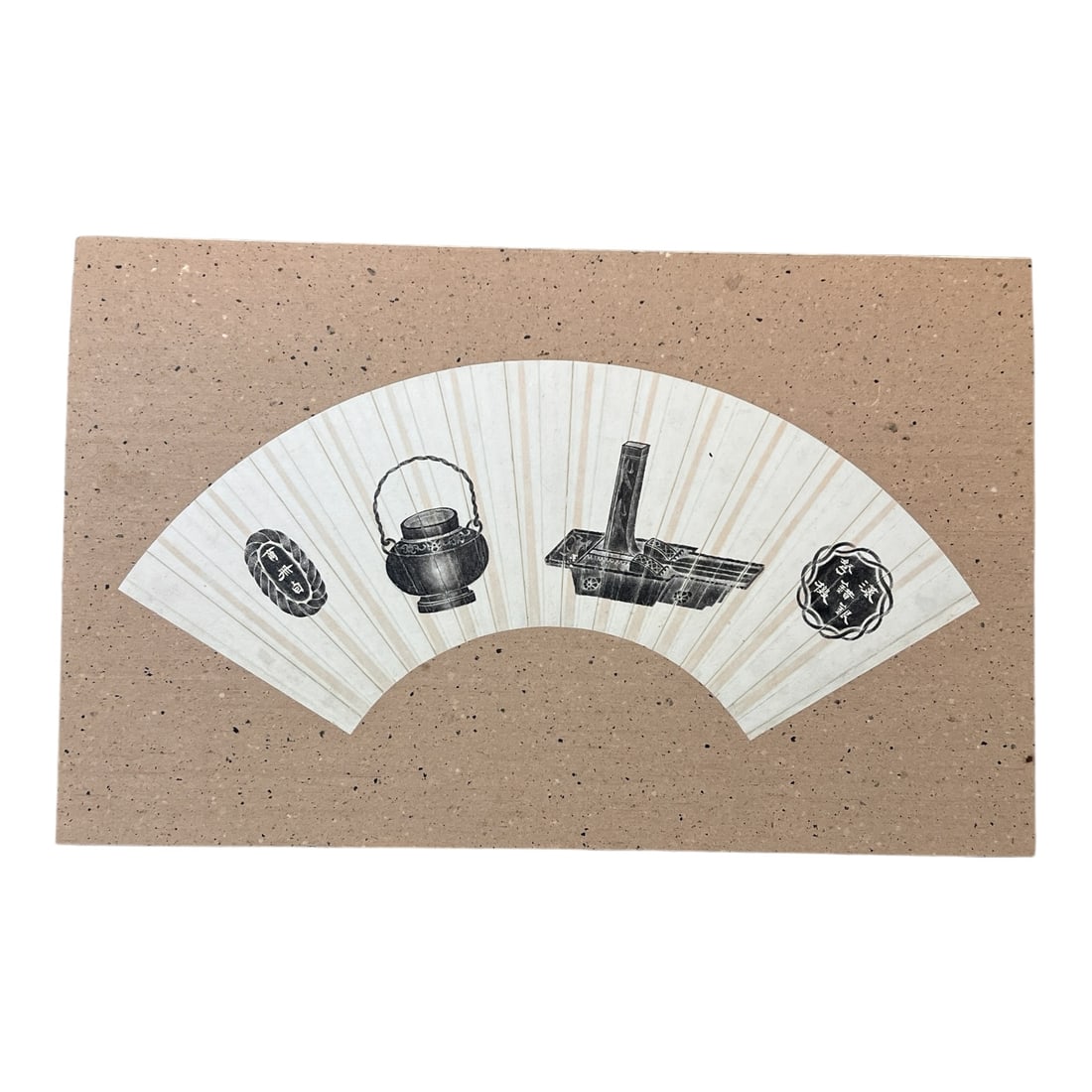 Graphic Imagery Print or Rubbing on Fan: From an Ithaca, NY estate, originally inherited from Chinese parentage. Bearing characters within the imagery (Chinese origin) with possibly Wadang Rubbings / charcoal printing on paper fan. Is one of