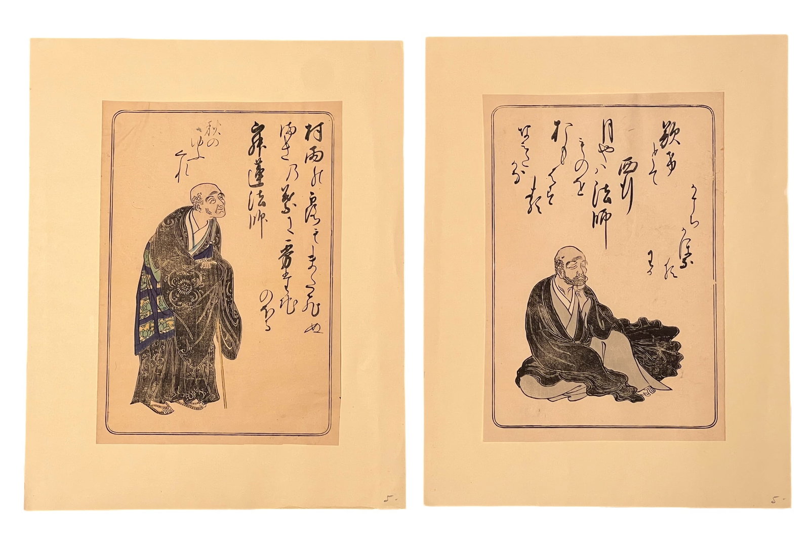 Japanese Woodblock Shunsho Jakuren Seated Figure: From an Ithaca, NY estate, originally inherited from Chinese parentage. Set of two pages of Japanese woodblocks from a book by Katsukawa Shunsho. Both attached by two top corners and right bottom moun