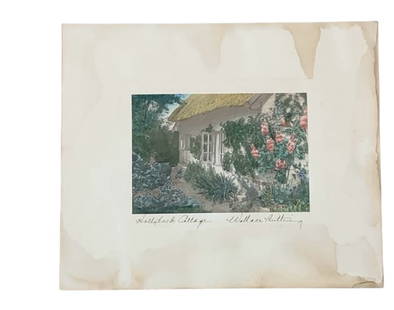 Signed Wallace Nutting Handcolored Photo, Hollyhock Cottage: From.an Ithaca, NY estate collection. Signed Wallace Nutting hand colored photograph, "Hollyhock Cottage." Mouted on presentation board. Measures approx 12" x 10"