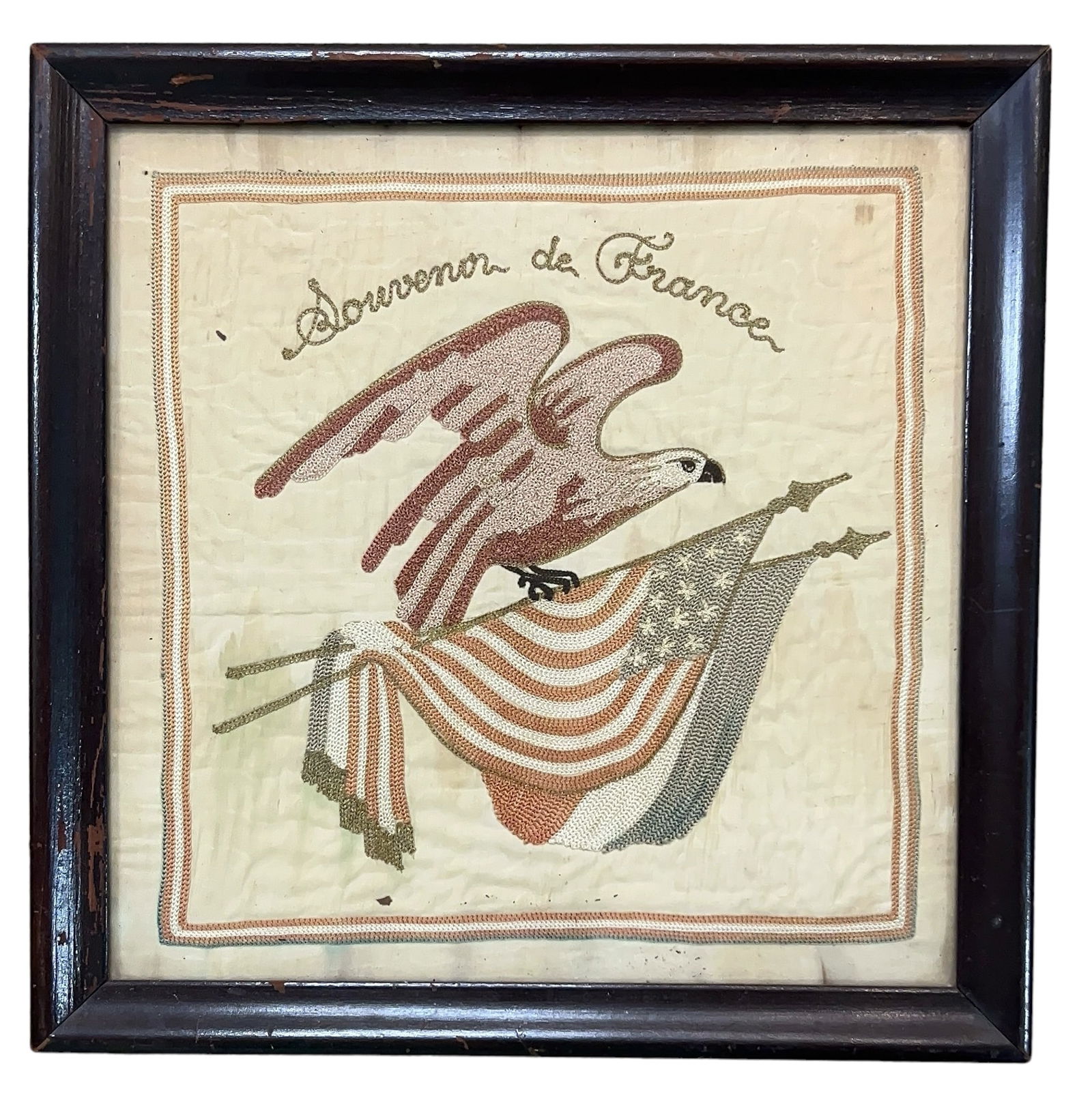 Antique Framed Embroidery Souvenir de France, Eagle US & French Flag (1 of 11)