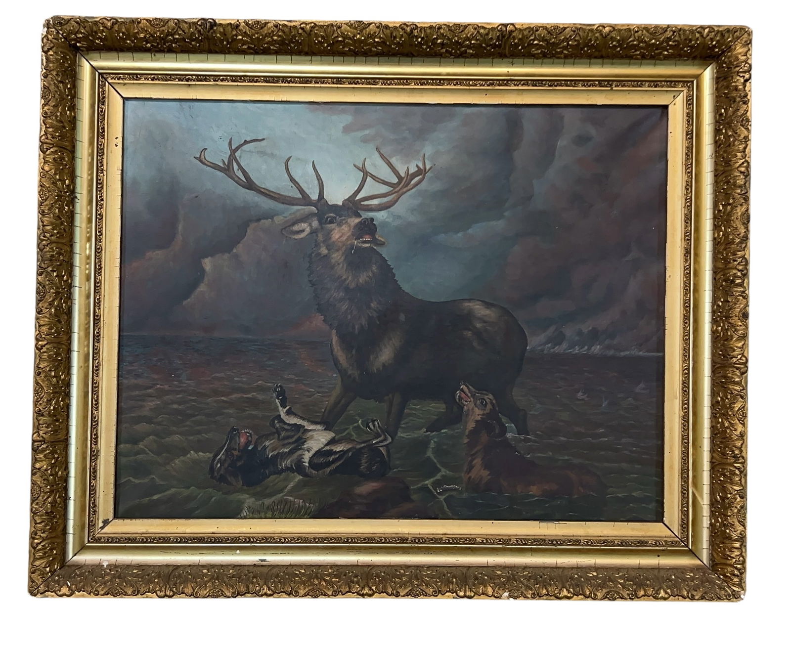 Grand Victorian Oil Painting After Joseph Henry Sharp, Stag With Wolves (1 of 19)