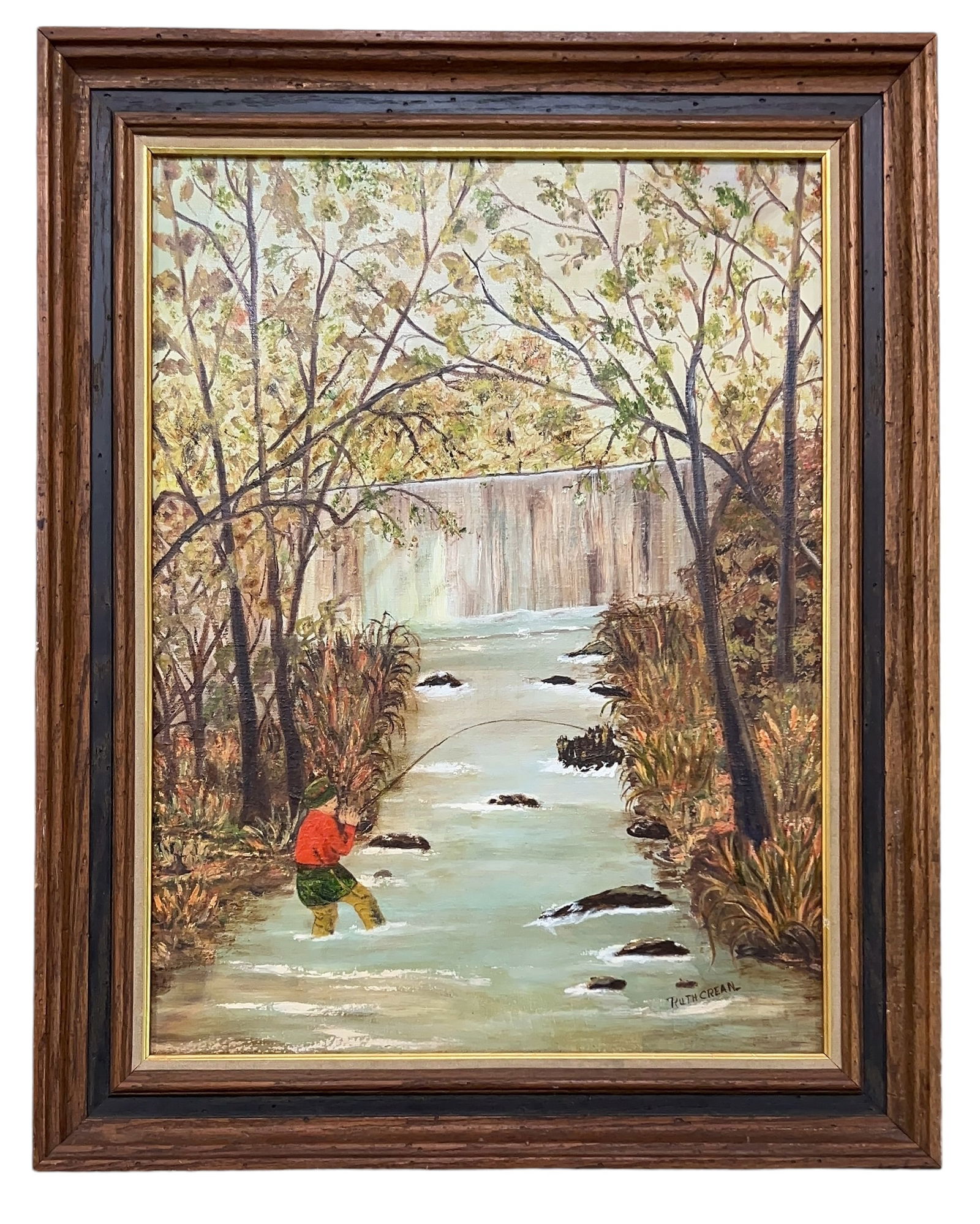 1930s Primitive Outsider Folk Art Painting on Canvas, Fly Fisherman (1 of 14)
