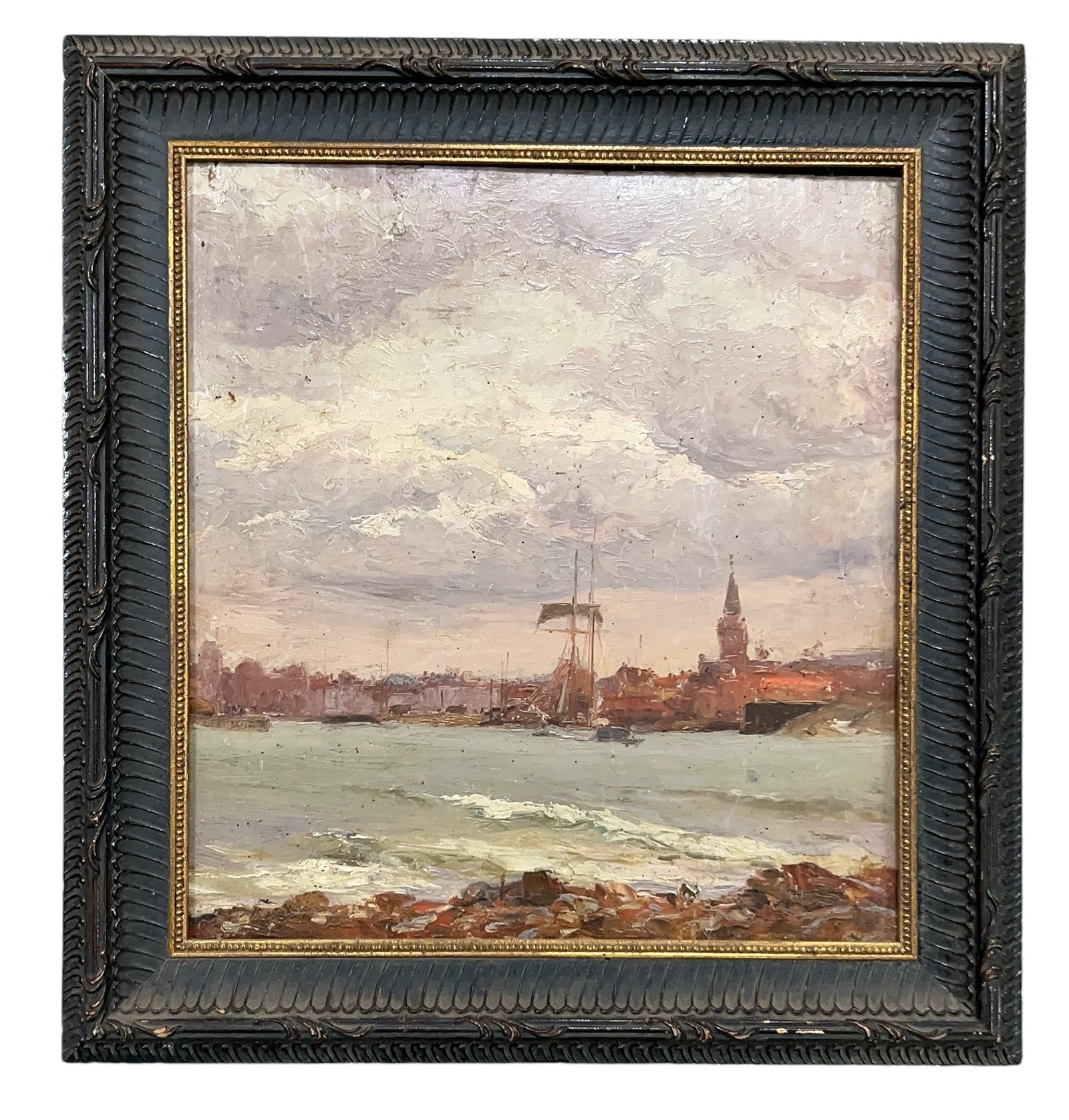 Oil on Board Unsigned Harbor Scene: From an Ithaca, NY estate collection. Unsigned / unidentified oil painting on board. Stretcher boards on back, pressed wood frame. Board measures approx 11.75" x 12.75". Framed measures 15.25" x 16".