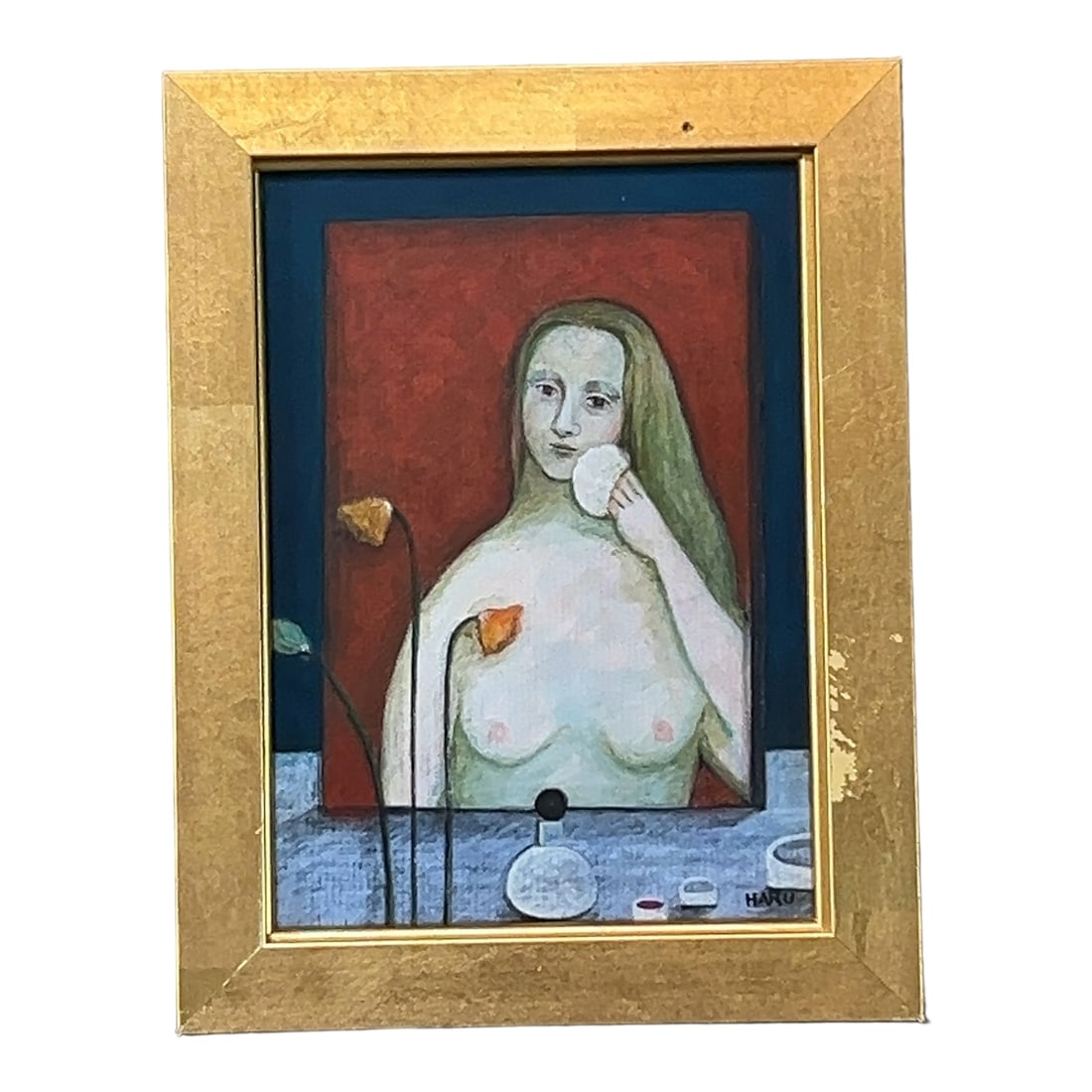 Small Format Painting on Board Surrealist Nude at Vanity Mirror, Signed Haru: From an Ithaca, NY estate collection. Small format painting on board of a surrealist female nude looking into a mirror, signed Haru. Has dedication on reverse in pen. Within gilt frame. Image measures