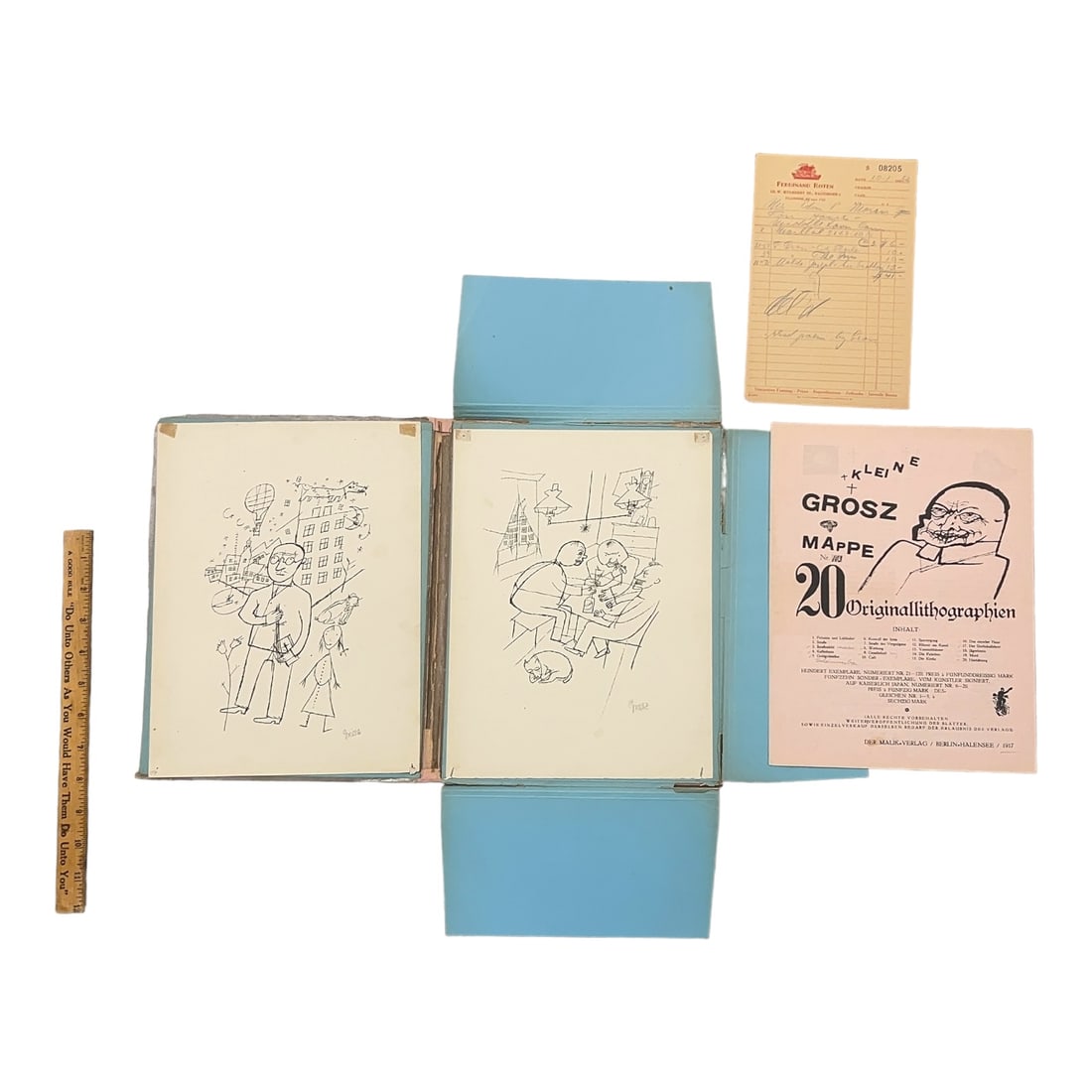 Pair Signed Lithographs George Grosz, Original Folio Kleine Grosz Mappe Gallery Receipt (1 of 19)