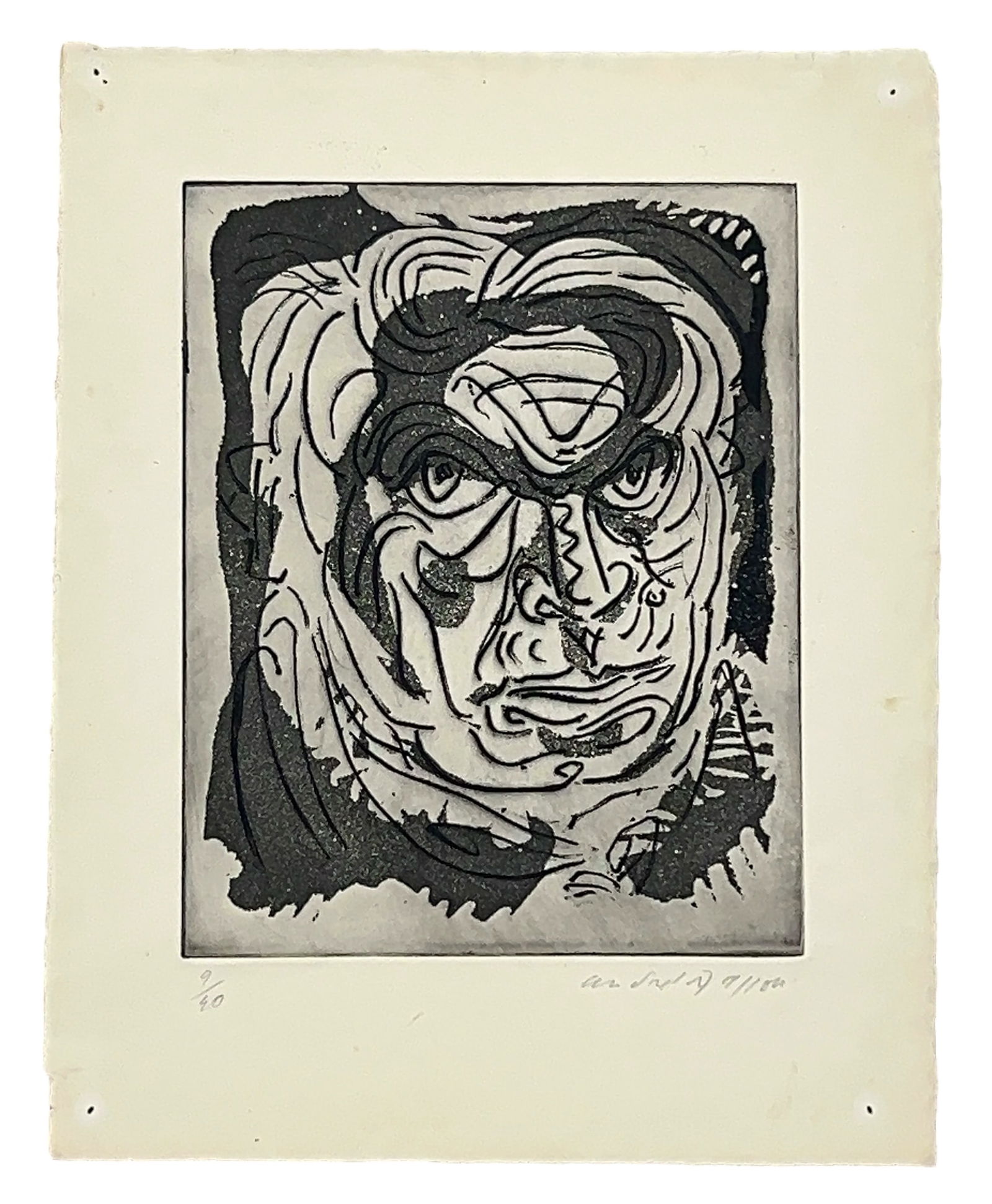 Andre Masson Etching & Aquatint, Le misanthrope 1945: From an Ithaca, NY estate collection. Etching and aquatint by Andre Masson (French,1896 – 1987) titled "Le misanthrope." Signed and numbered 9/80 in lower margin. Image measures (at plate indentatio