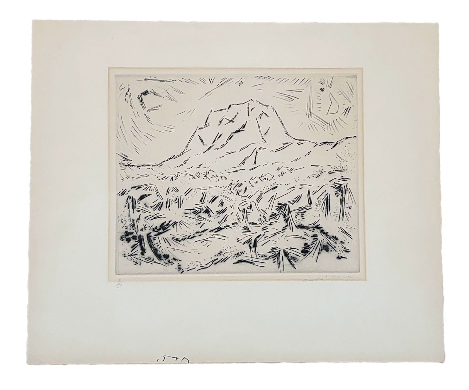 Andre Masson Etching, Untitled Mountain: From an Ithaca, NY estate collection. Etching by Andre Masson (French,1896 – 1987) untitled / mountain landscape with crescent moon. Signed and numbered 8/20 in lower margin. Image measures (at plat
