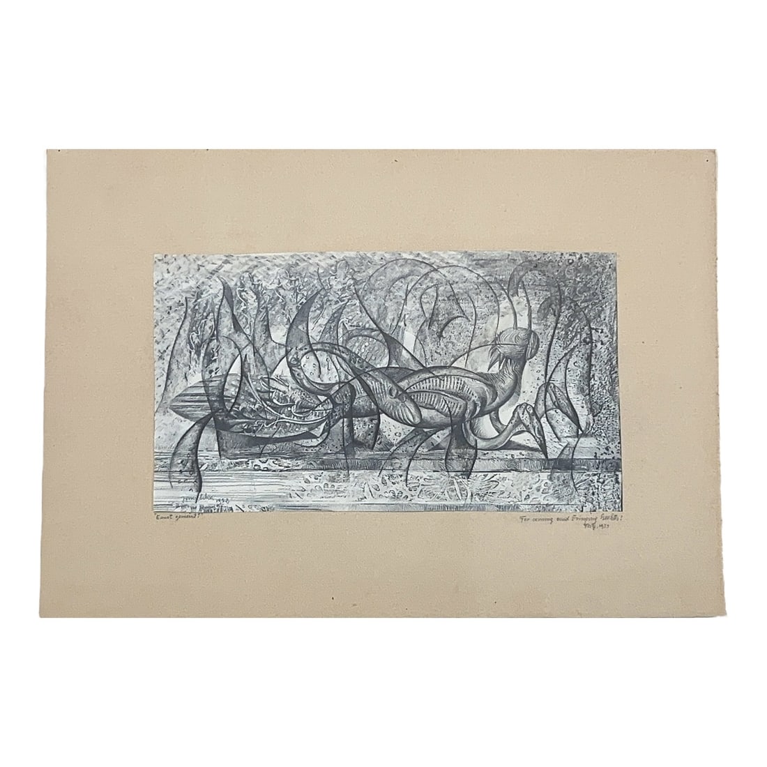 "Ernst gemeint!" Graphite Illustration on Paper, 1953 by Fritz Janschka: From the estate collection of Ted (Edward) Morris, of Ithaca, NY. Graphite illustration on paper "Ernst gemeint!", signed and dated 1953, by Fritz Janschka (Austrian / American, 1919-2016), a founding