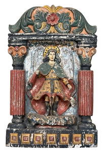 Antique Polychromed Carved Wooden Santos Figure Plaque Archangel St Raphael: From an Ithaca, NY estate collection. Antique polychromed and silvered wooden relief Santos / Saint plaque carving. Depicting the Archangel Saint Raphael, with fish. Measures approx 18.75" x 12.125"x