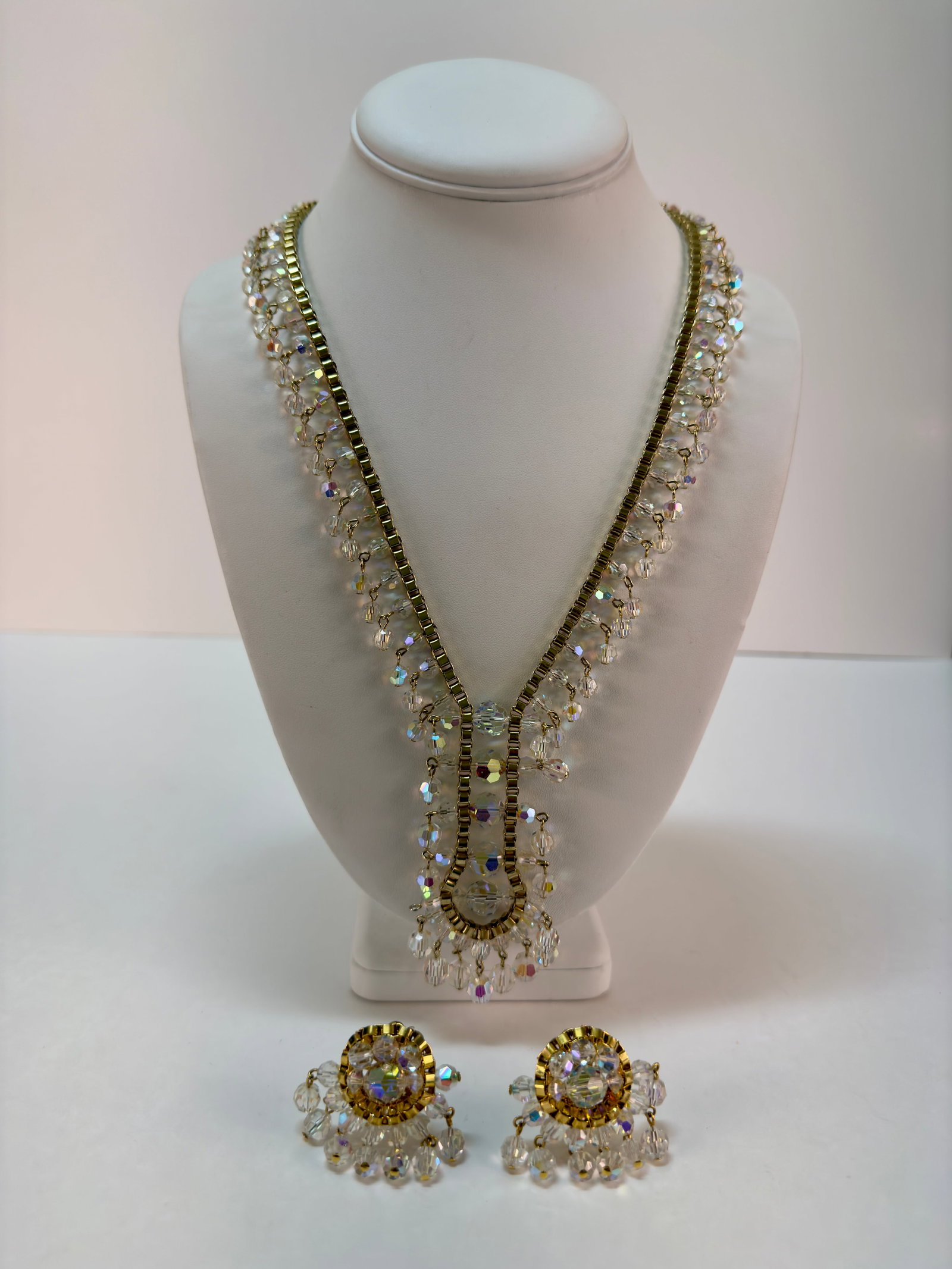 Stunning Vintage Austrian Crystal Chandelier Necklace & Clip Earring Set: From an upstate, NY estate collection. This set is a showstopper. High quality, excellent condition 1960s era Austrian crystal chandelier necklace and dangling clip-on earrings. Gold tone chain / sett