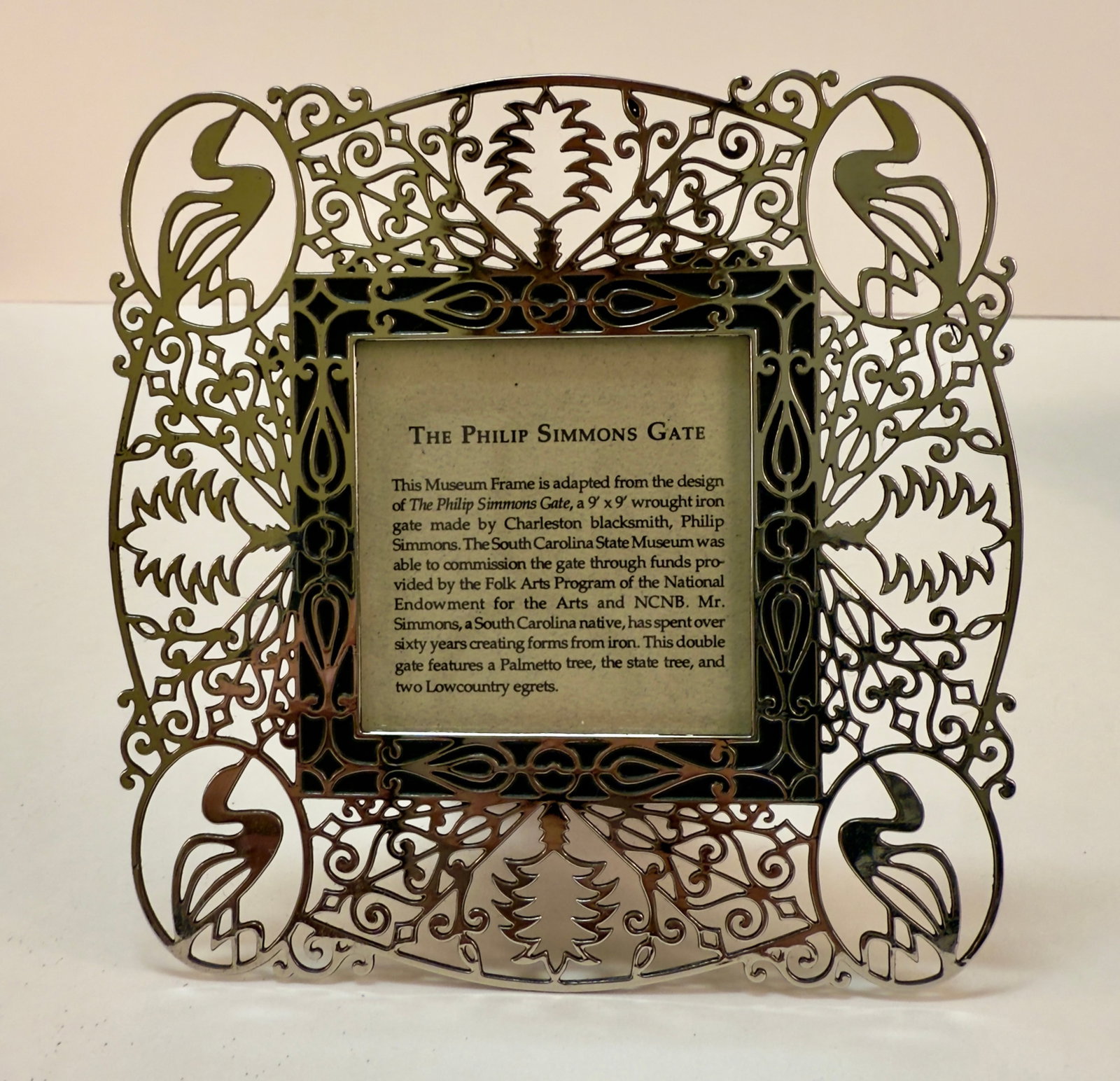 David Howell Designer Phillip Simmons Gate Frame Birds Egrets: From an upstate, NY estate collection. Beautiful metal frame inspired by the Philip Simmons Gate, desgned by David Howell. Frame opening measures just under 2" square. Frame measures approx 4.5" squar