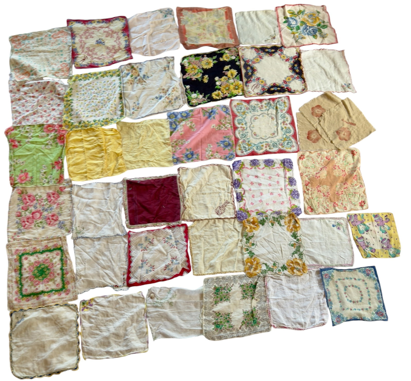 Group of Thirty-Nine Vintage Handkerchiefs Floral Prints Embroidered Hawaii +: From an upstate, NY estate. Group of thirty-nine vintage handkerchiefs, with various prints, some with lace edges / embroidery.