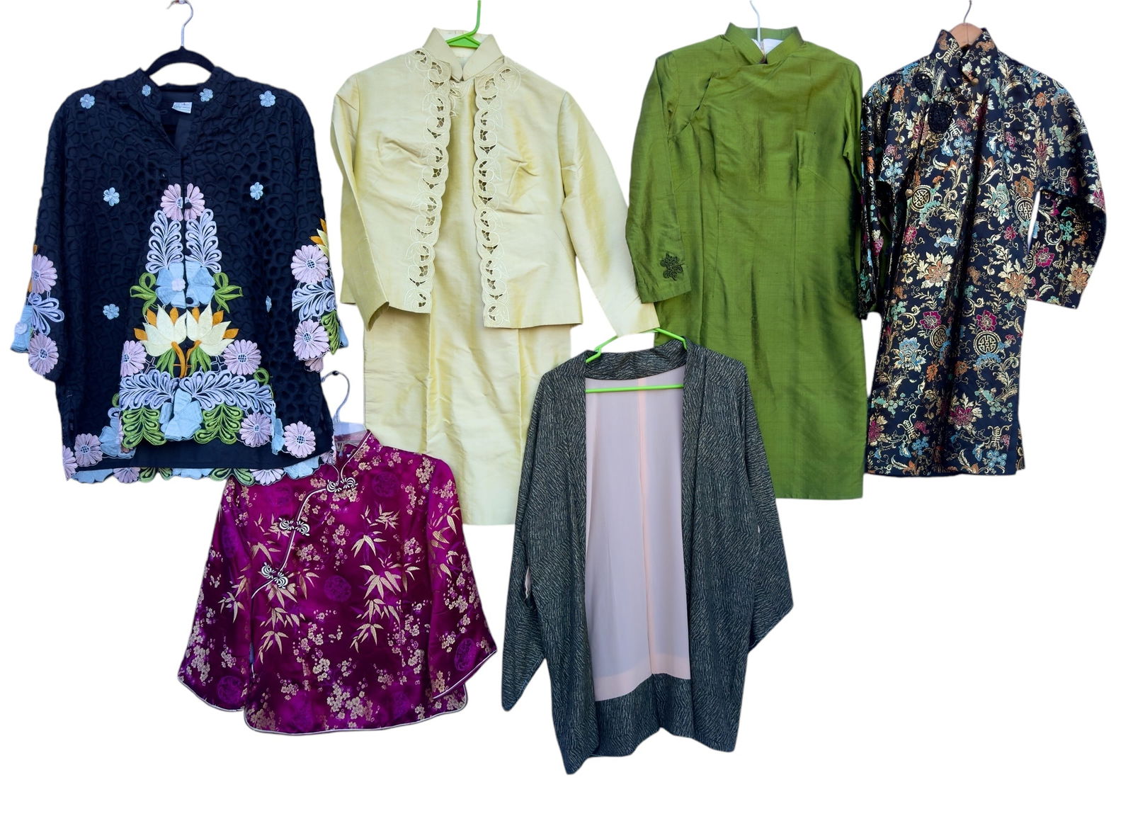 Group of Six Asian Women's Garments Jackets Chengosam Sets Kimono +: From an upstate, NY estate. Group of six vintage Asian women's garments including: multi-color on black silk brocade with gold thread three-quarter sleeve cheongsam approx size S, leafy green silk che