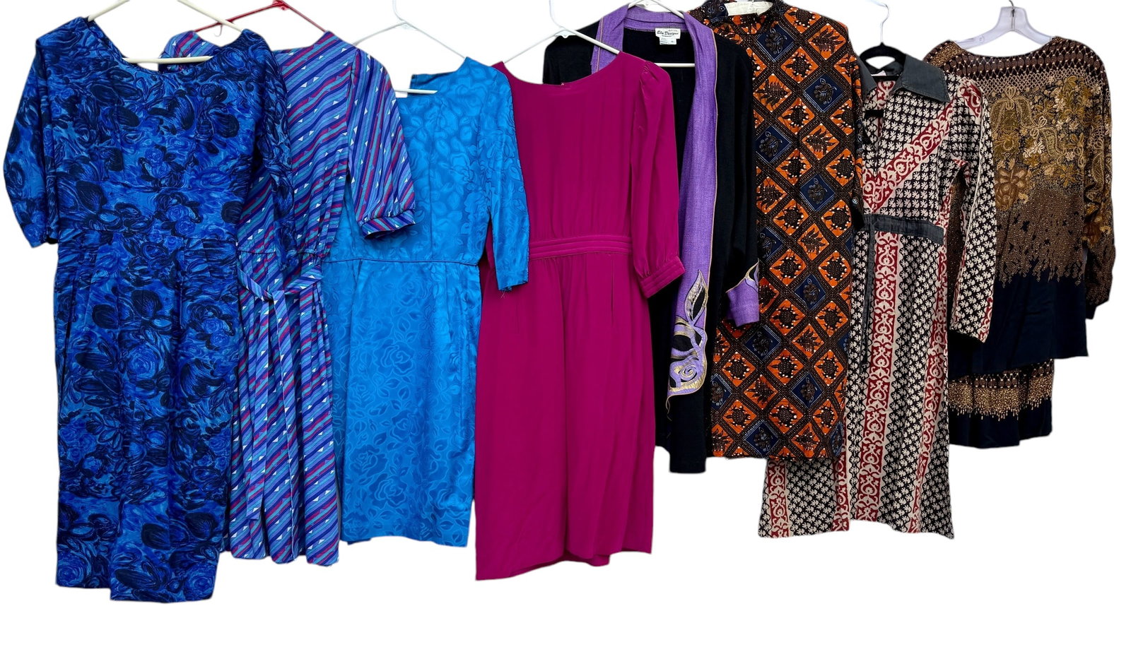 Group of Eight Vintage Women's Dresses & Art-For-Wear Jacket Batik, 1950s+: From an upstate, NY estate. Group of eight vintage dresses & pieces including: open art-for wear jacket in black and purple tagged Ela Designe M, batik cheongsam tunic style dress in approx M-L, brown