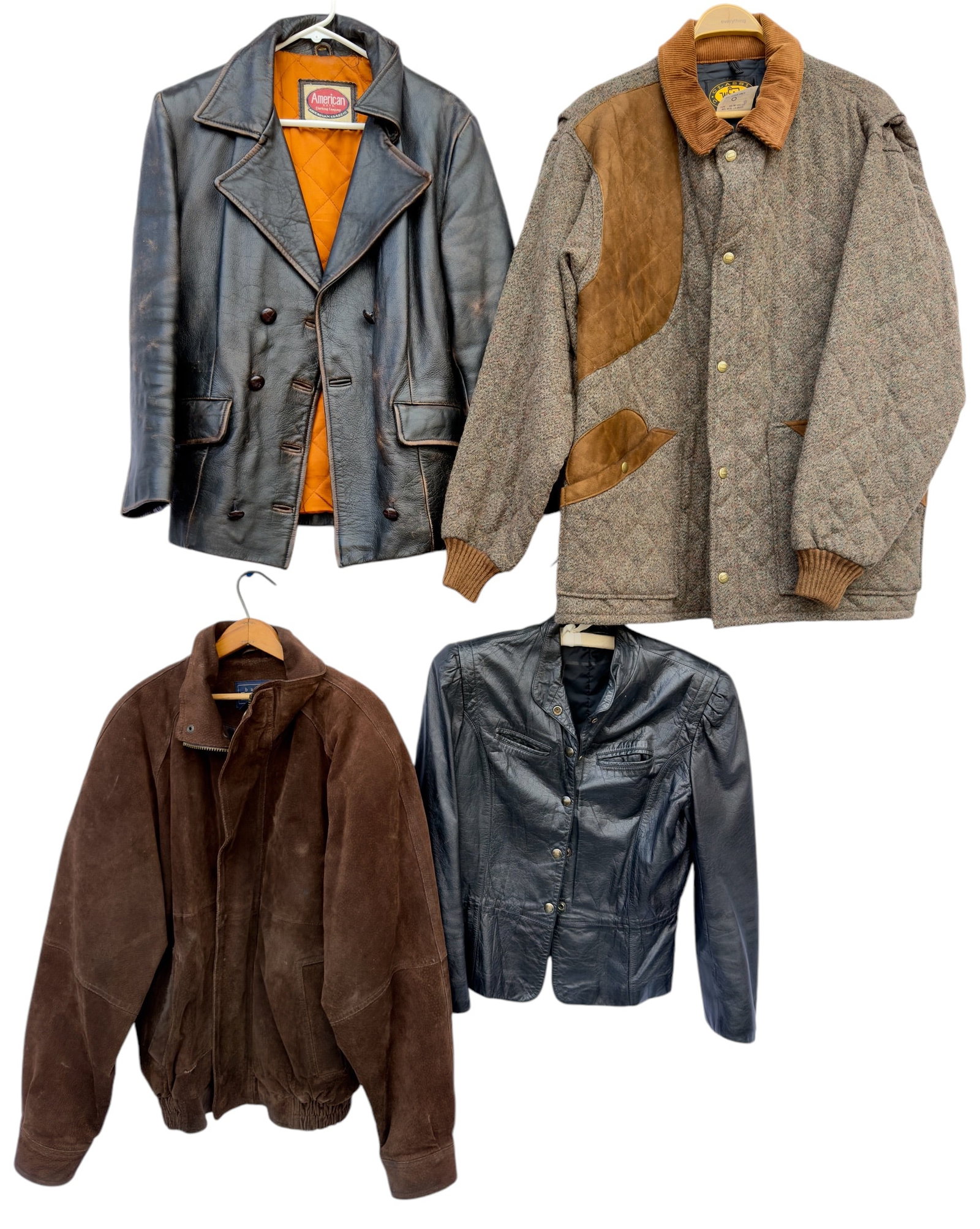 Group of Four Vintage Men's Leather Suede Wool Jackets Woolrich+: From an upstate, NY estate. Group of four vintage jackets including: fitted leather black ladies jacket approx size S, American Base Clothing Company pea coat style brown leather jacket size approx si