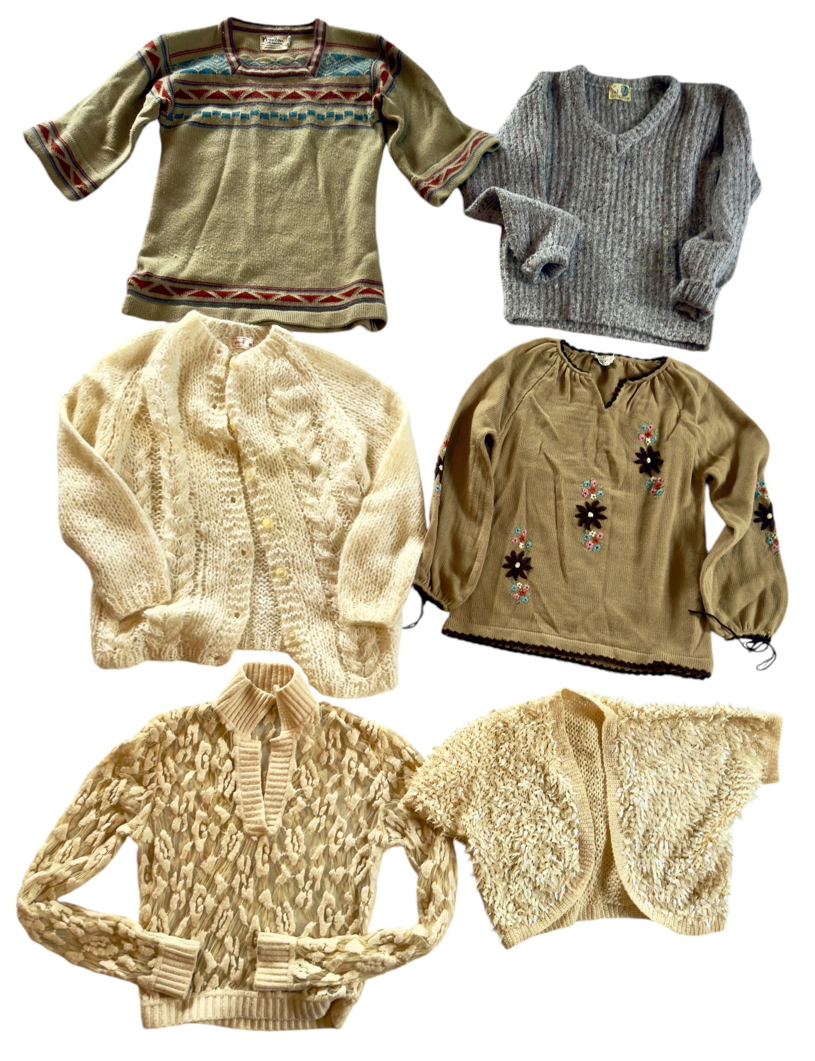 Group of Six Vintage Women's Sweaters / Cardigans / Embroidery: From an upstate, NY estate. Group of six vintage women's sweaters, ranging in age from the 1950s-1990s. Sizes range from small to large. Short sleeve ivory colored shrug has sparkling sequins sewn all