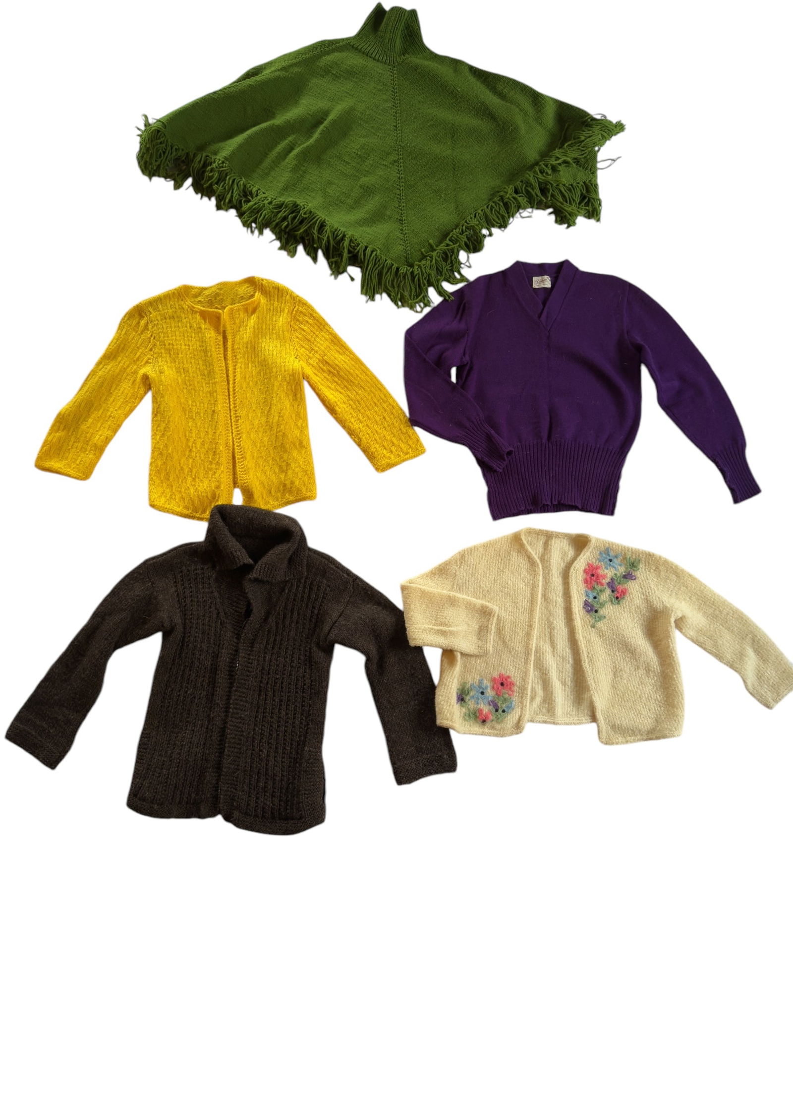 Group of Five Vintage Women's Sweaters / Cardigans Embroidery Wool: From an upstate, NY estate. Group of five vintage women's sweaters, ranging in age from the 1950s-1970s. Sizes range from small to large. For specific measurements and condition report for each piece,
