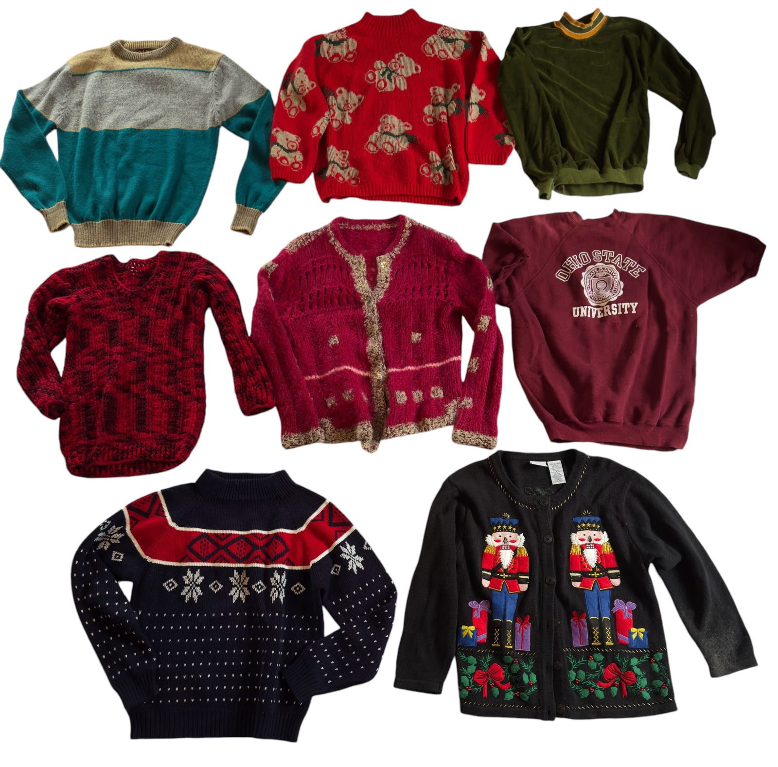Group of Eight Vintage Women's Sweaters / Sweatshirts Christmas Ohio State +: From an upstate, NY estate. Group of eight vintage women's sweaters, ranging in age from the 1950s-1990s. Sizes range from small to large. For specific measurements and condition report for each piece