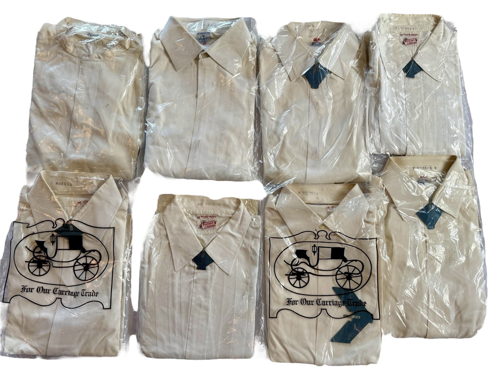 Group of Eight Vintage 1940s-1950s Men's Tuxedo Shirts Paris +: From an upstate, NY estate. Group of eight vintage button-down tuxedo shirts within plastic packaging. Some are worn, some seem quite unworn. Most appear to be size 15.5, with some label makers includ