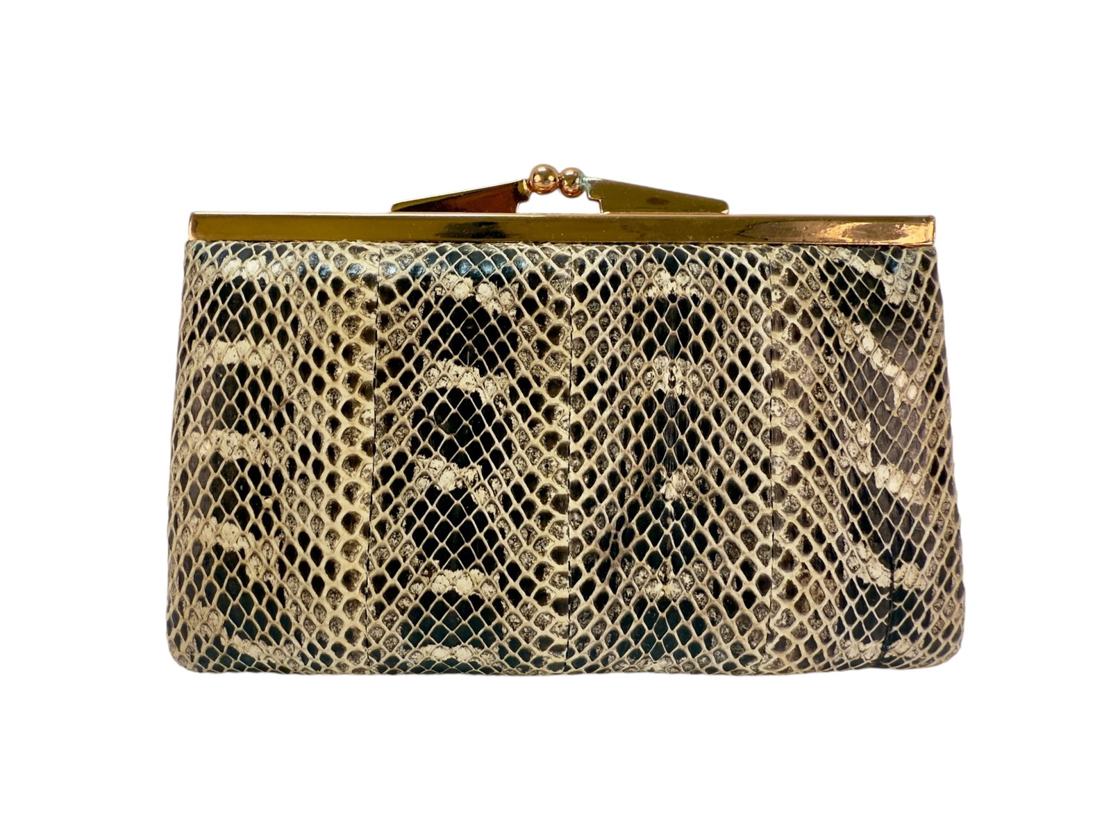 Excellent Vintage 1950s-60s Snakeskin Wallet: From an upstate, NY estate. Excellent condition 1950s-60s vintage snakeskin leather wallet, with metal ball clasp closure. Untagged. Measures approx 5.75" x 4".