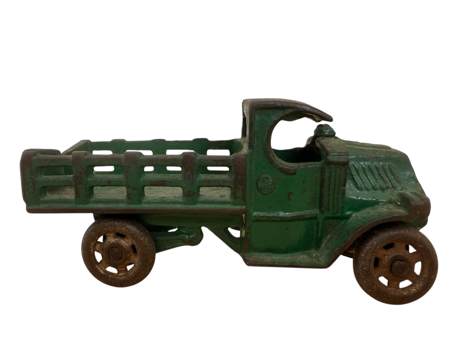 1930s Cast Iron Toy Mack Stake Truck Green Paint Unmarked (1 of 5)