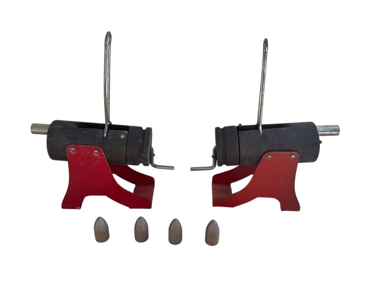Vintage Marx Baldwin Pair of Coast Defense Gattling Guns Wood & Steel Artillery Cannon Toy: From an upstate, NY estate collection. Vintage pair of Marx Baldwin wooden coast defense gatling gun toys, made of wood and steel. Also, four painted wooden bullets / ammunition. Each gun measures app