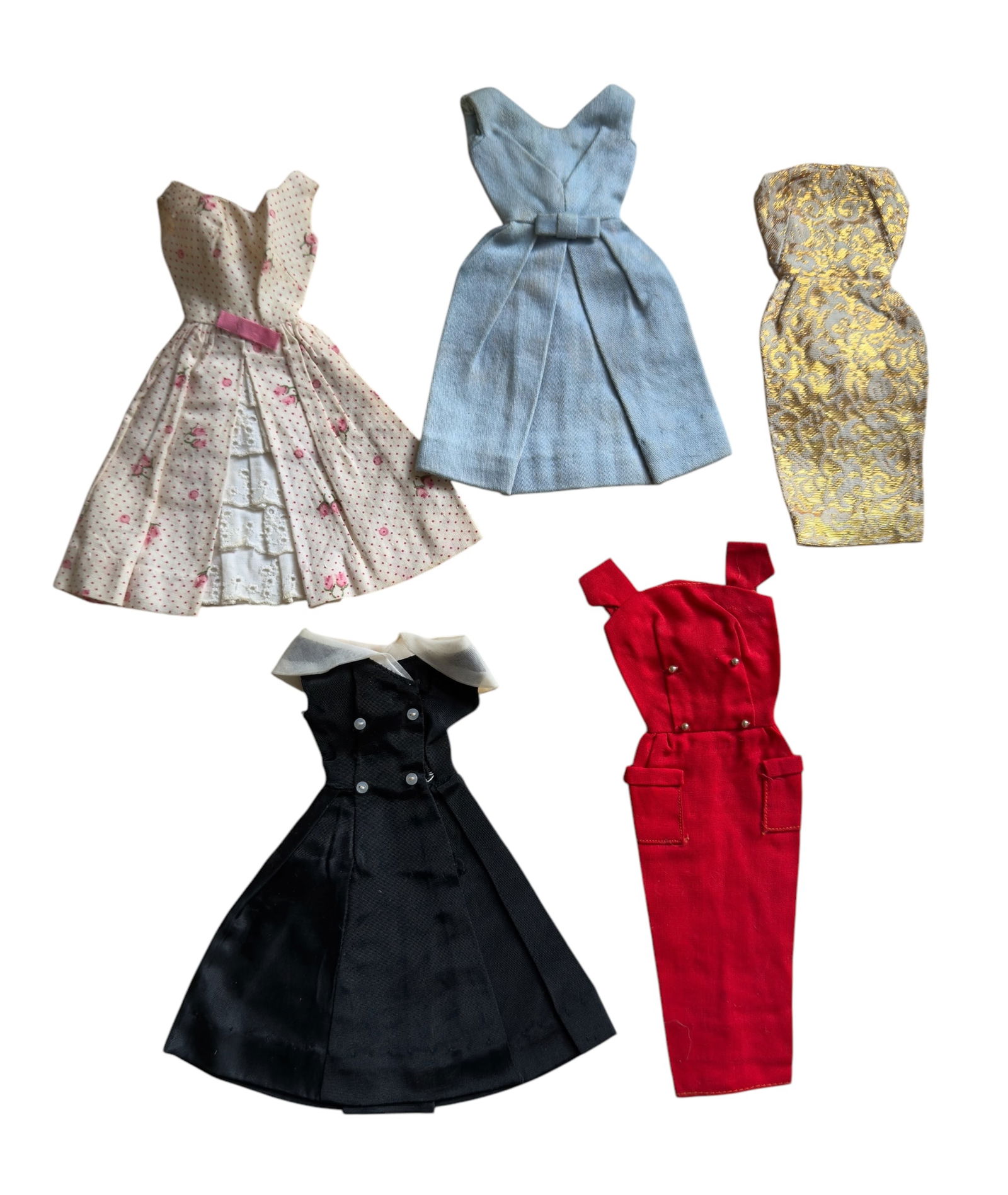 Group of Five 1960s Vintage Barbie and Midge Fashion Dresses: From an upstate, NY estate collection. Group of five 1960 vintage Barbie and Midge fashion dresses. All have original tags reading "Barbie(r) by Mattel."