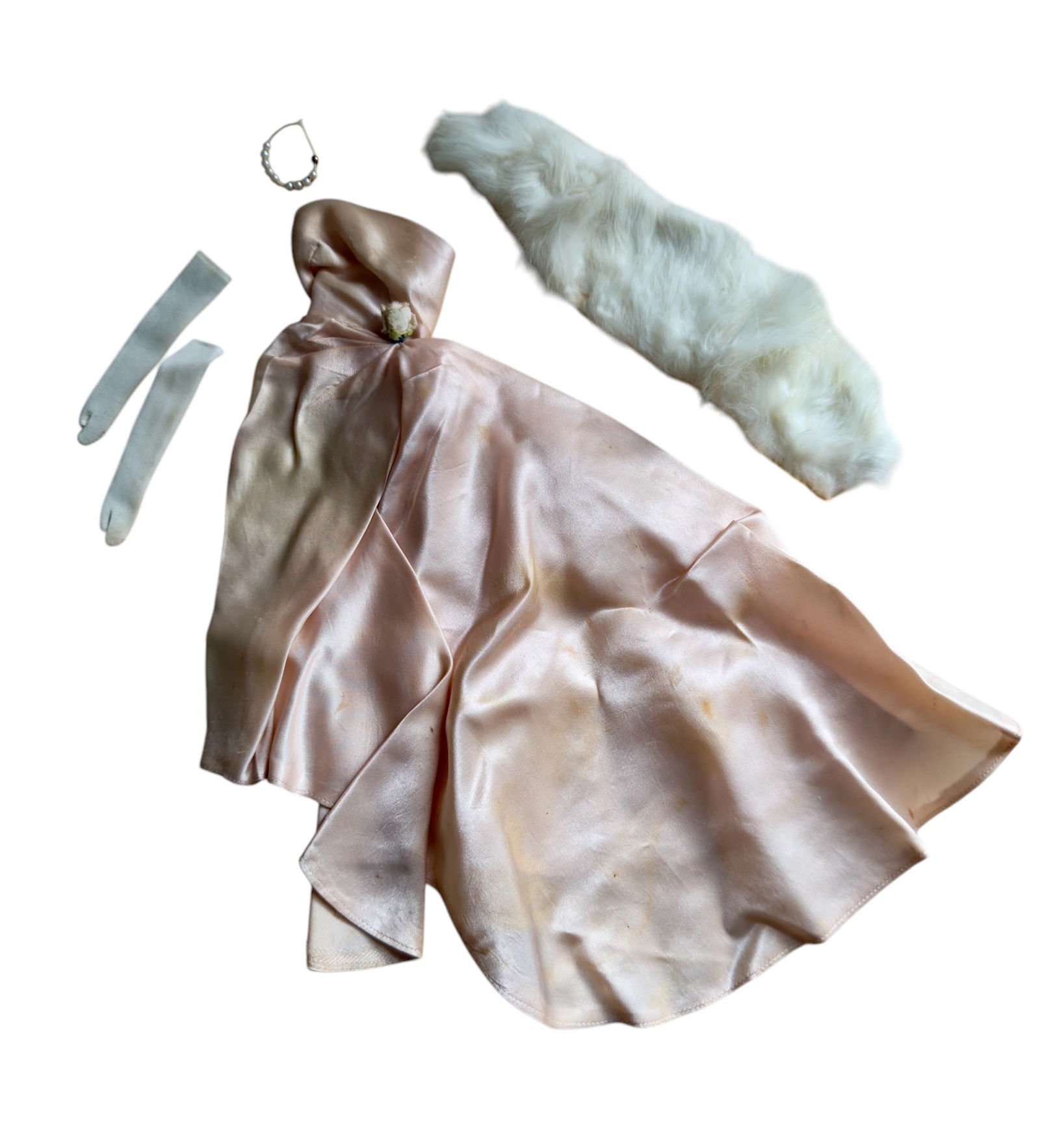 Group of Five Pieces 1960s Vintage Barbie Outfit Enchanted Evening: From an upstate, NY estate collection. Group of five 1960 vintage Barbie fashion garments / outfit, "Enchanted Evening." Dress has original tags reading "Barbie(r) by Mattel."