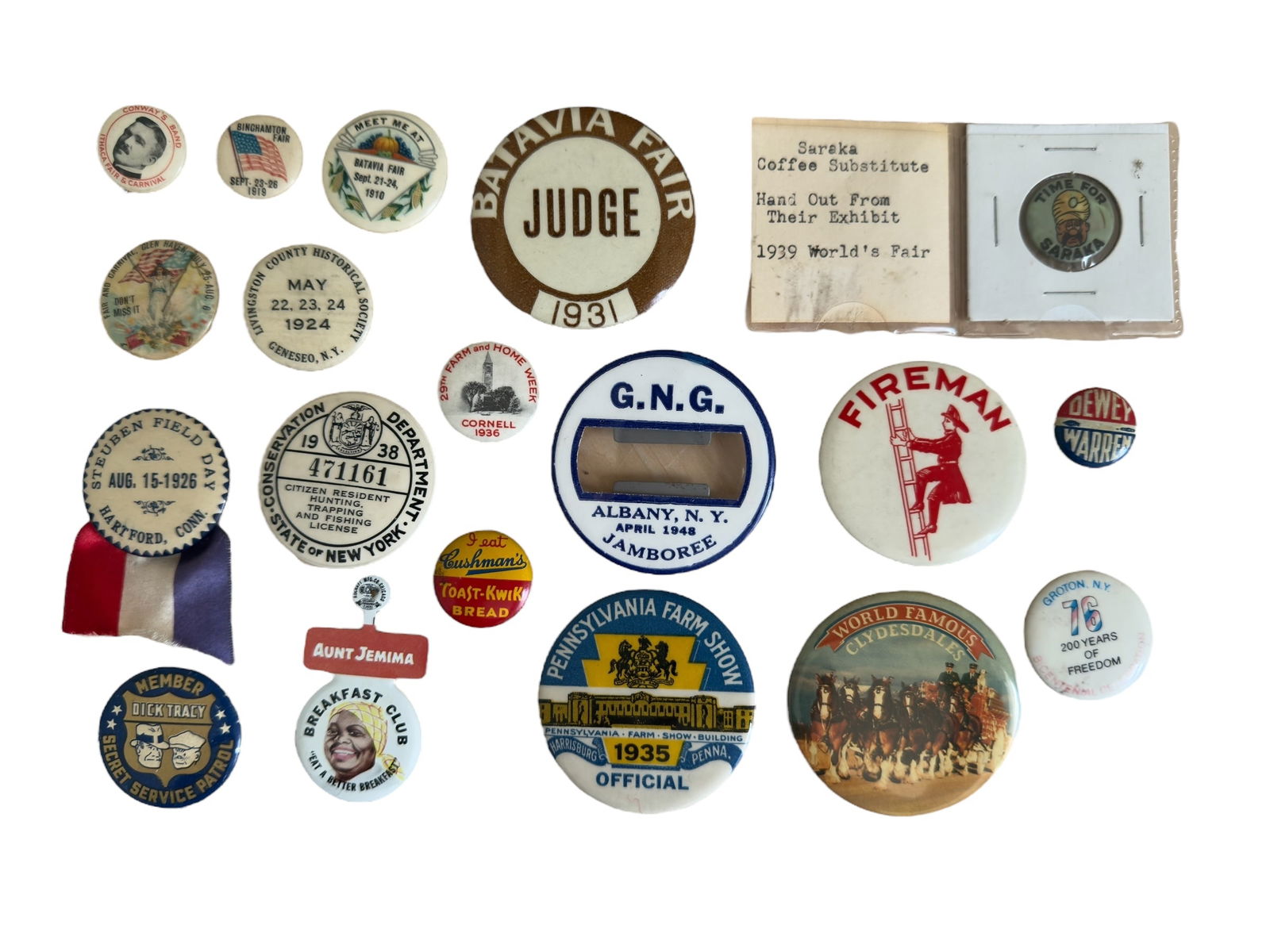 Group of Nineteen Antique Pin Backs Fireman, Cornell, Ithaca, Farm Shows, Hunting, Fairs, Etc (1 of 9)