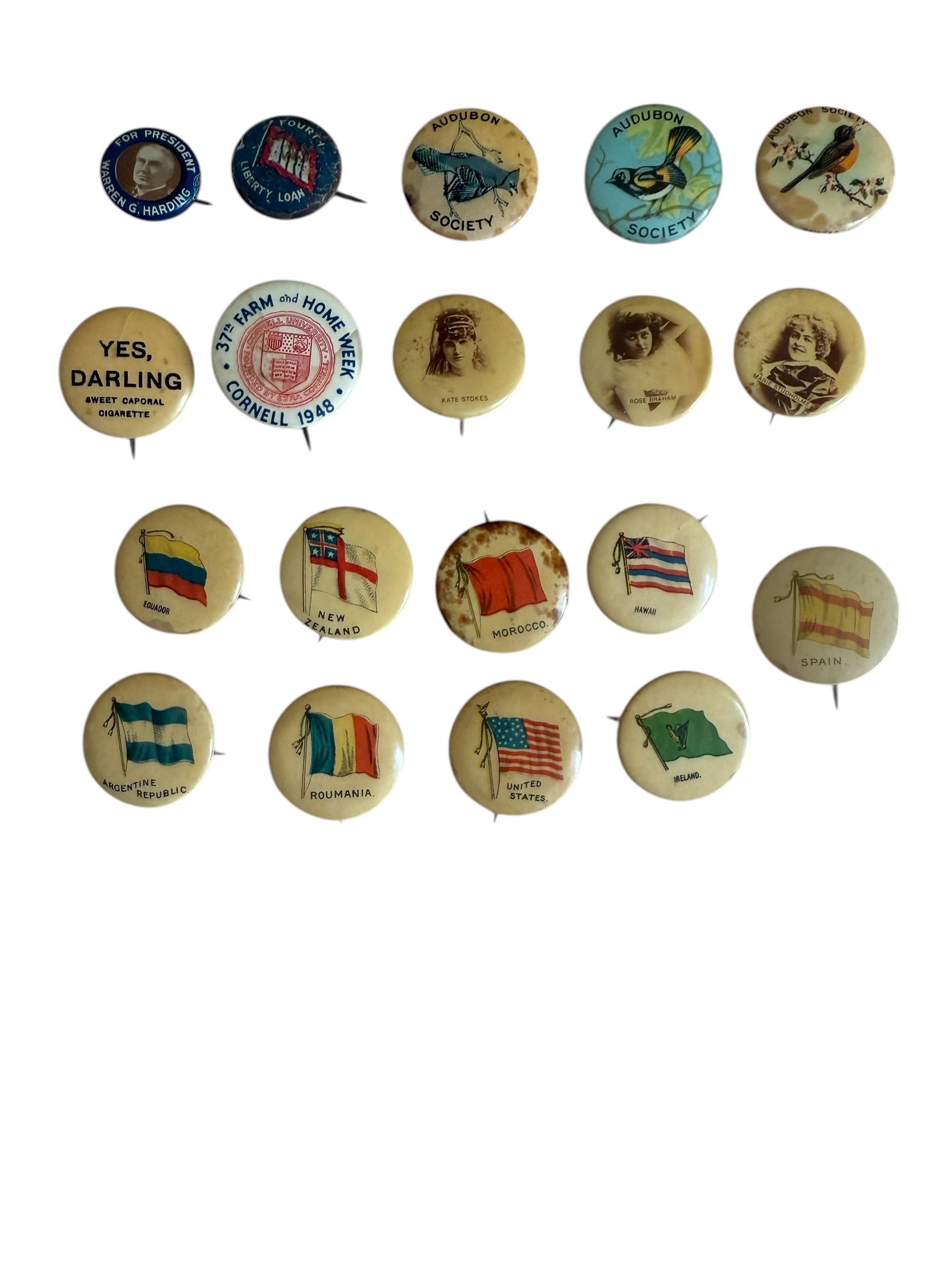 Group of Nineteen Antique Pin Backs Cornell University, Warren G Harding, Tobacco Flags, Silent Film (1 of 11)