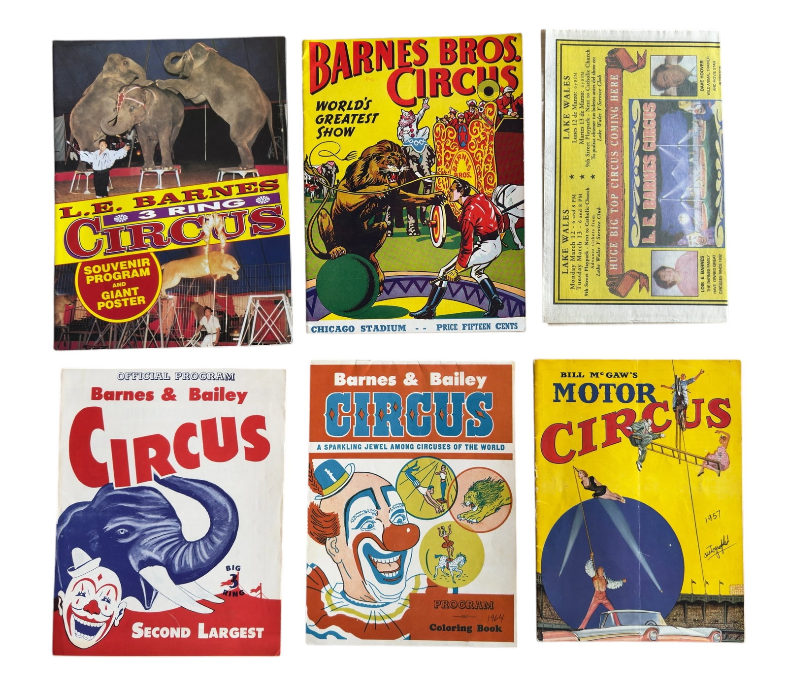 Group of Six Barnes, Barnes & Bailey, LE Barnes, Bill McGaw's Motor Circus Programs & Materials: From an upstate, NY collection. Group of materials from the 1940s-80s for Barnes. Barnes & Bailey, Bill McGaw's Motor Circus & LE Barnes including programs, fold out poster, and coloring book.