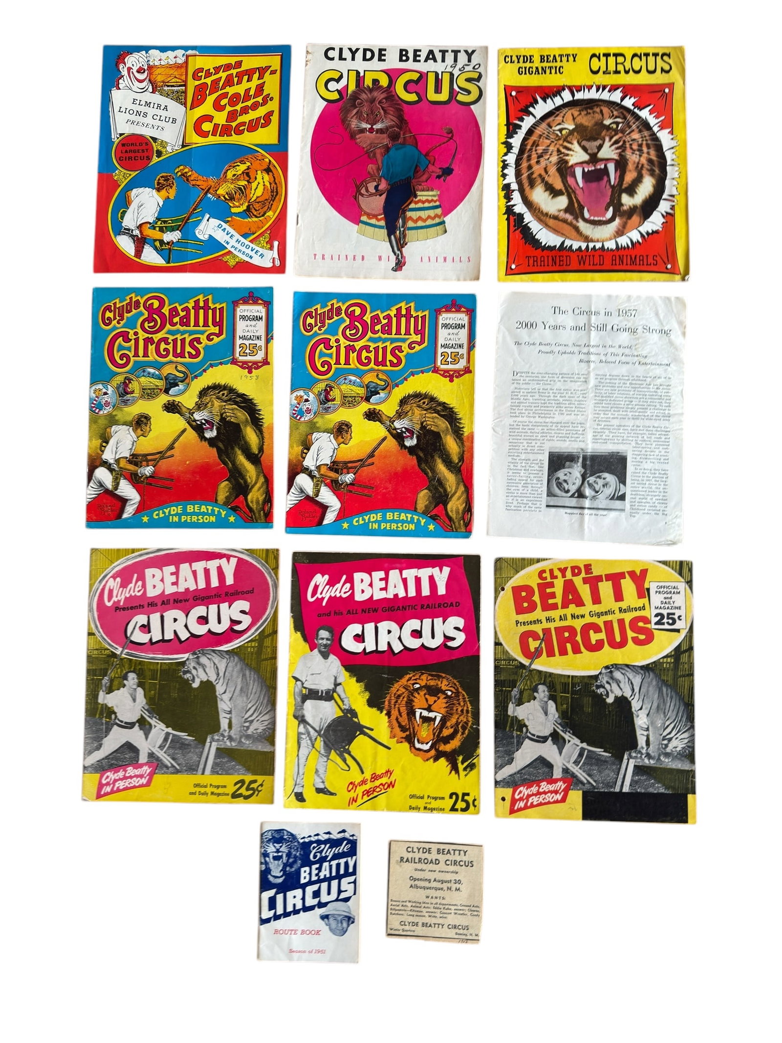 Group of Ten Clyde Beatty Circus Programs & Routes 1950s (1 of 12)