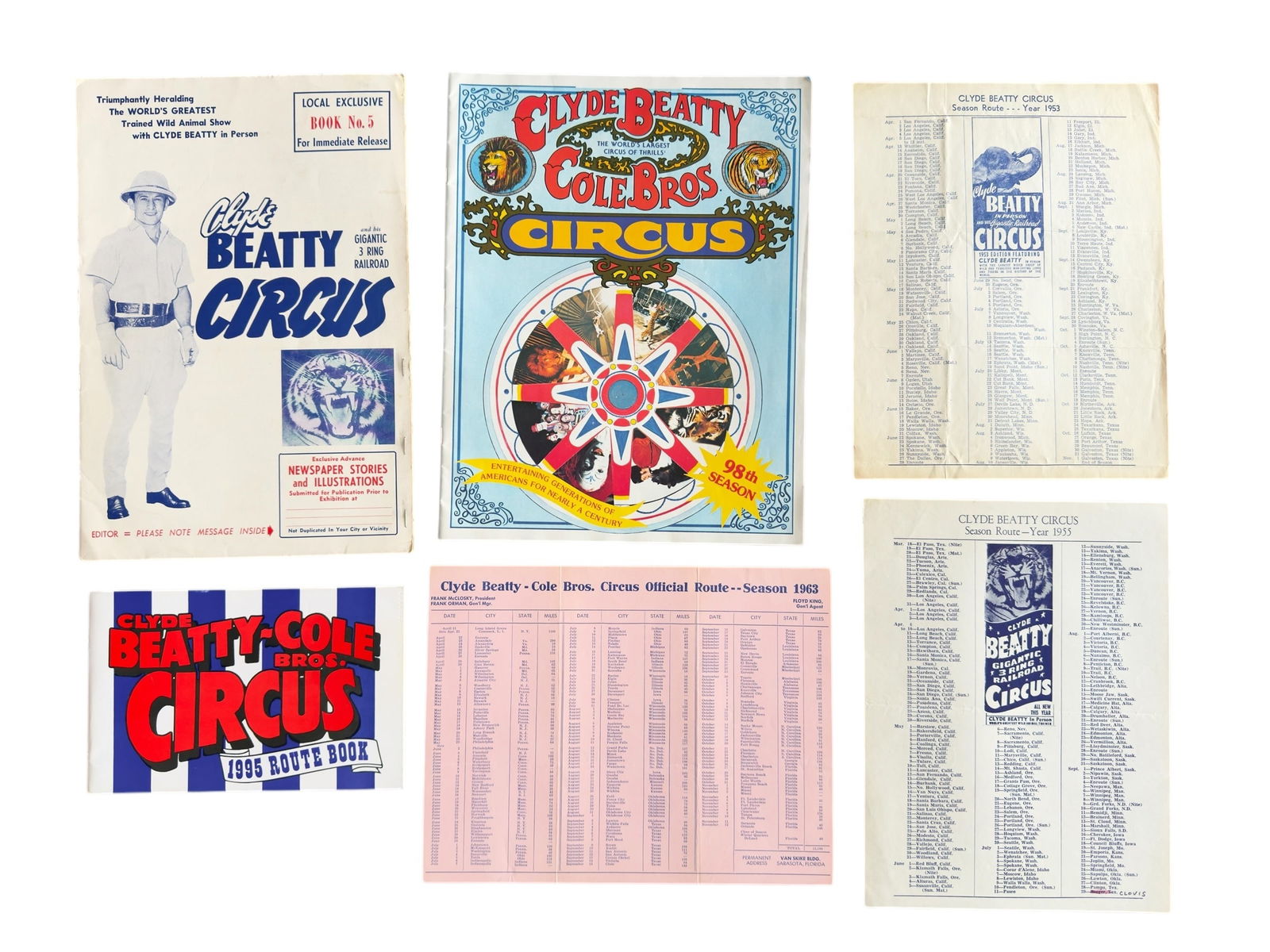 Group of Six Clyde Beatty Circus Programs Routes + 1950-90s (1 of 9)