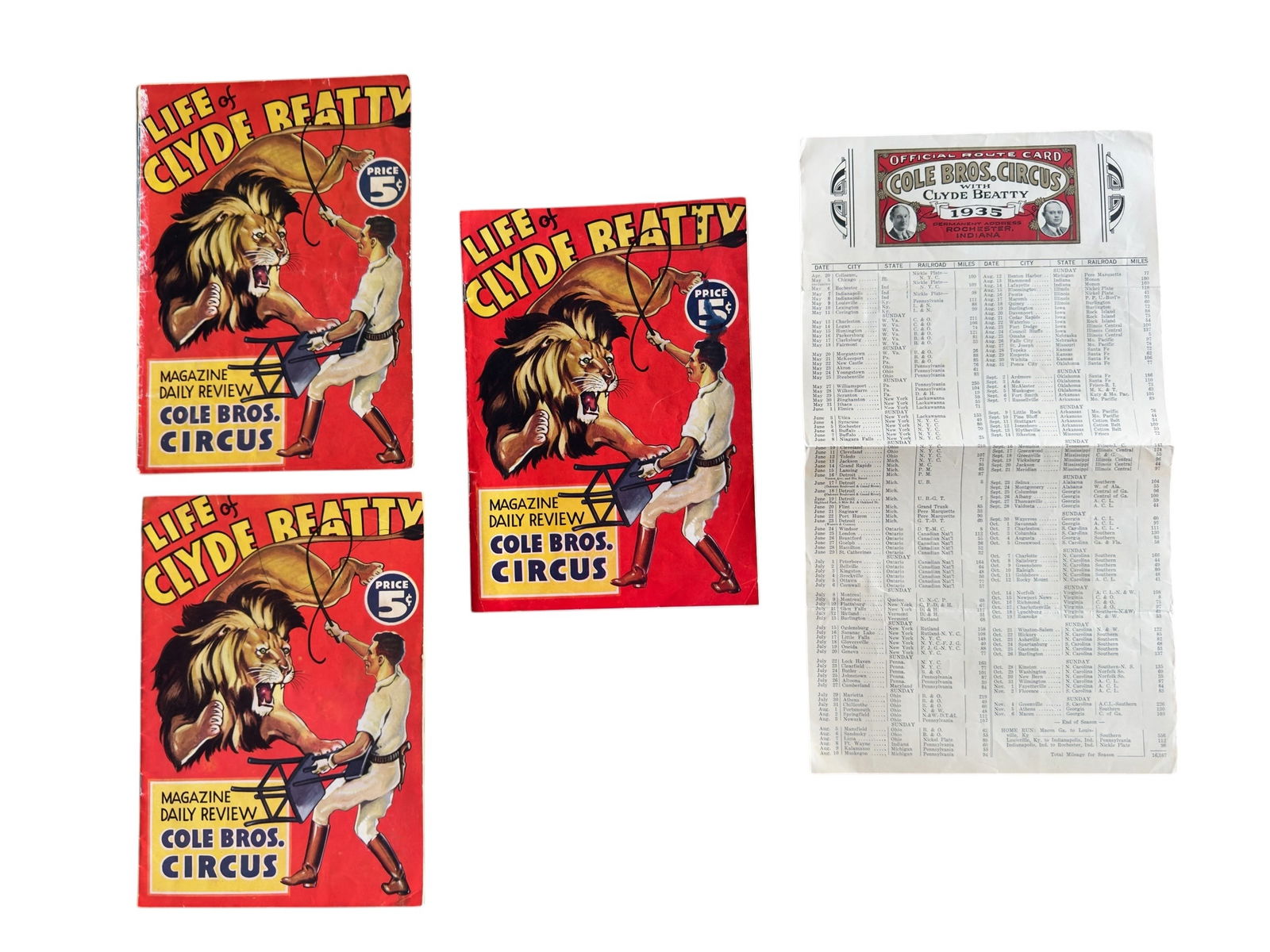 Group of Four Cole Brothers with Clyde Beatty Circus Programs & Routes 1930s (1 of 6)