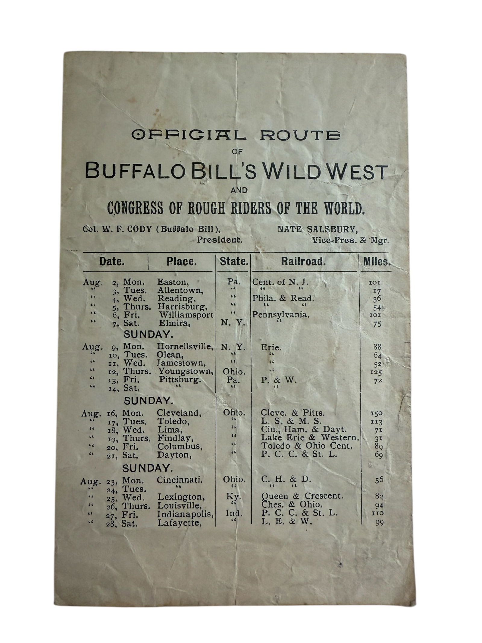 Original 1897 Buffalo Bill's Wild West Show Official Route Card (1 of 5)