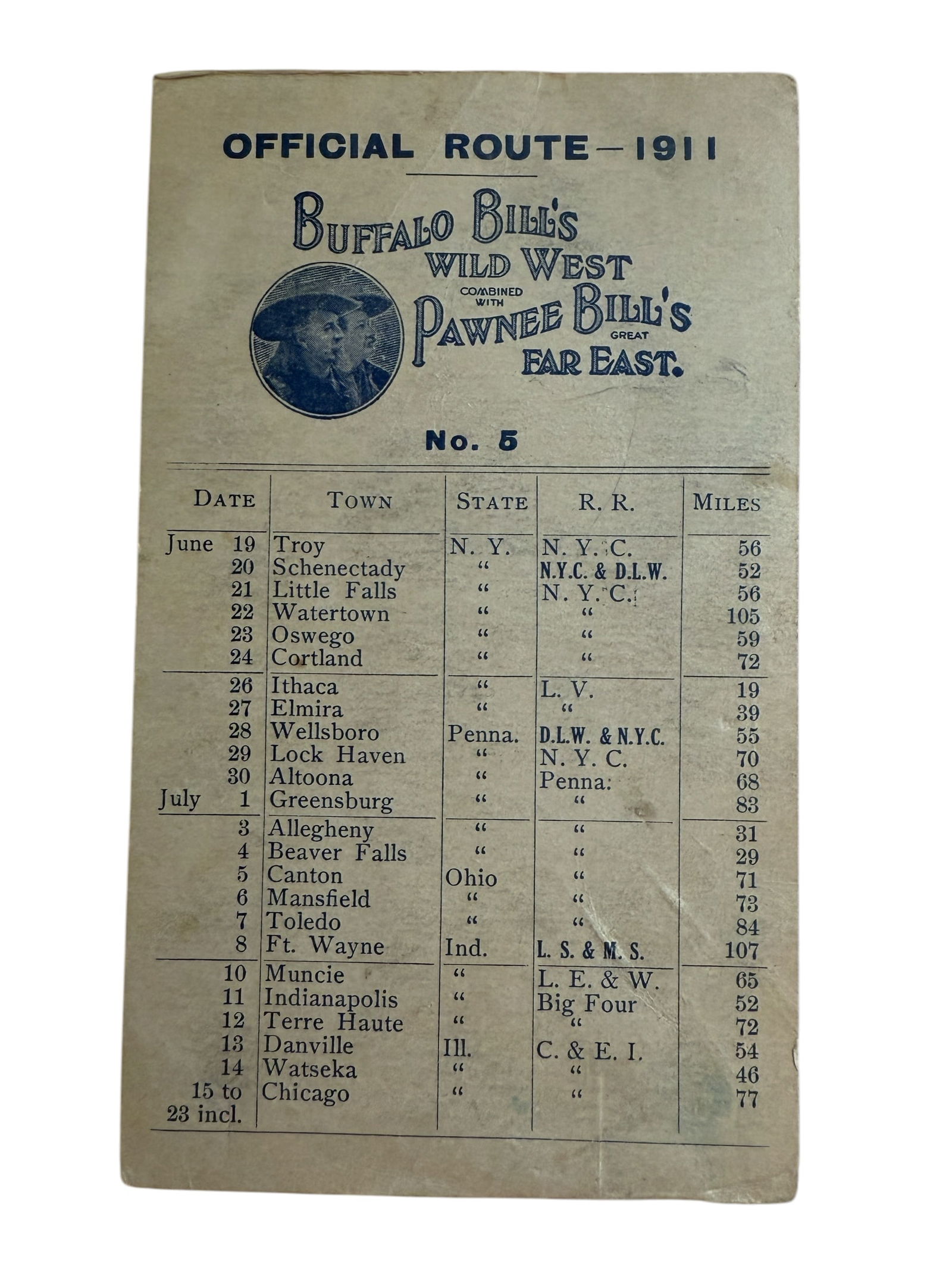 Original 1911 Buffalo Bill's Wild West Show Official Route Card (1 of 5)