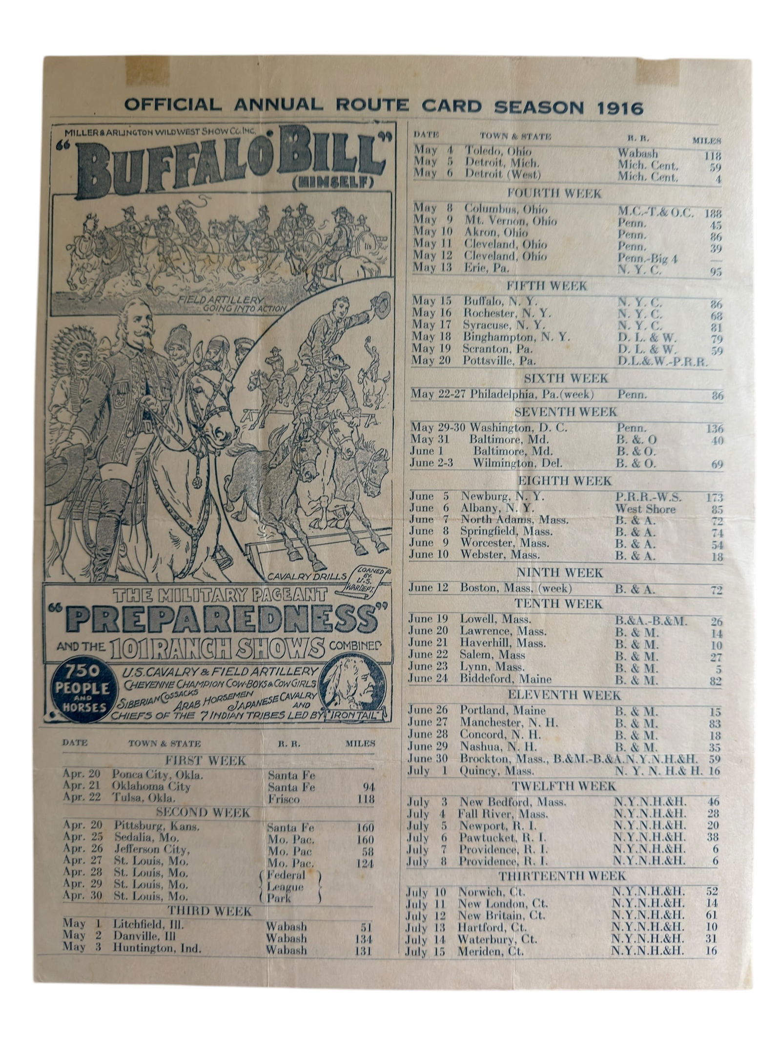 Original 1916 Buffalo Bill's Wild West Show Official Route Card (1 of 11)