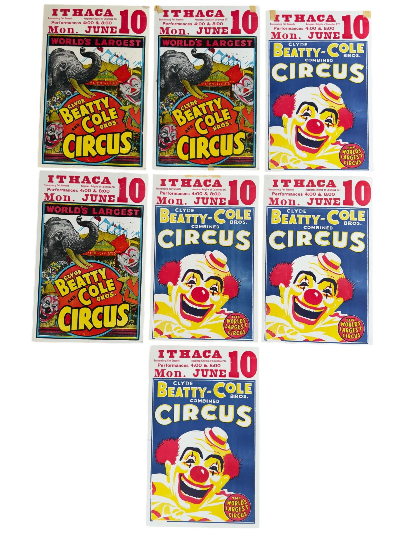 Group of Seven Vintage Clyde Beatty-Cole Brothers Circus Screen Printed Posters, Ithaca NY (1 of 9)