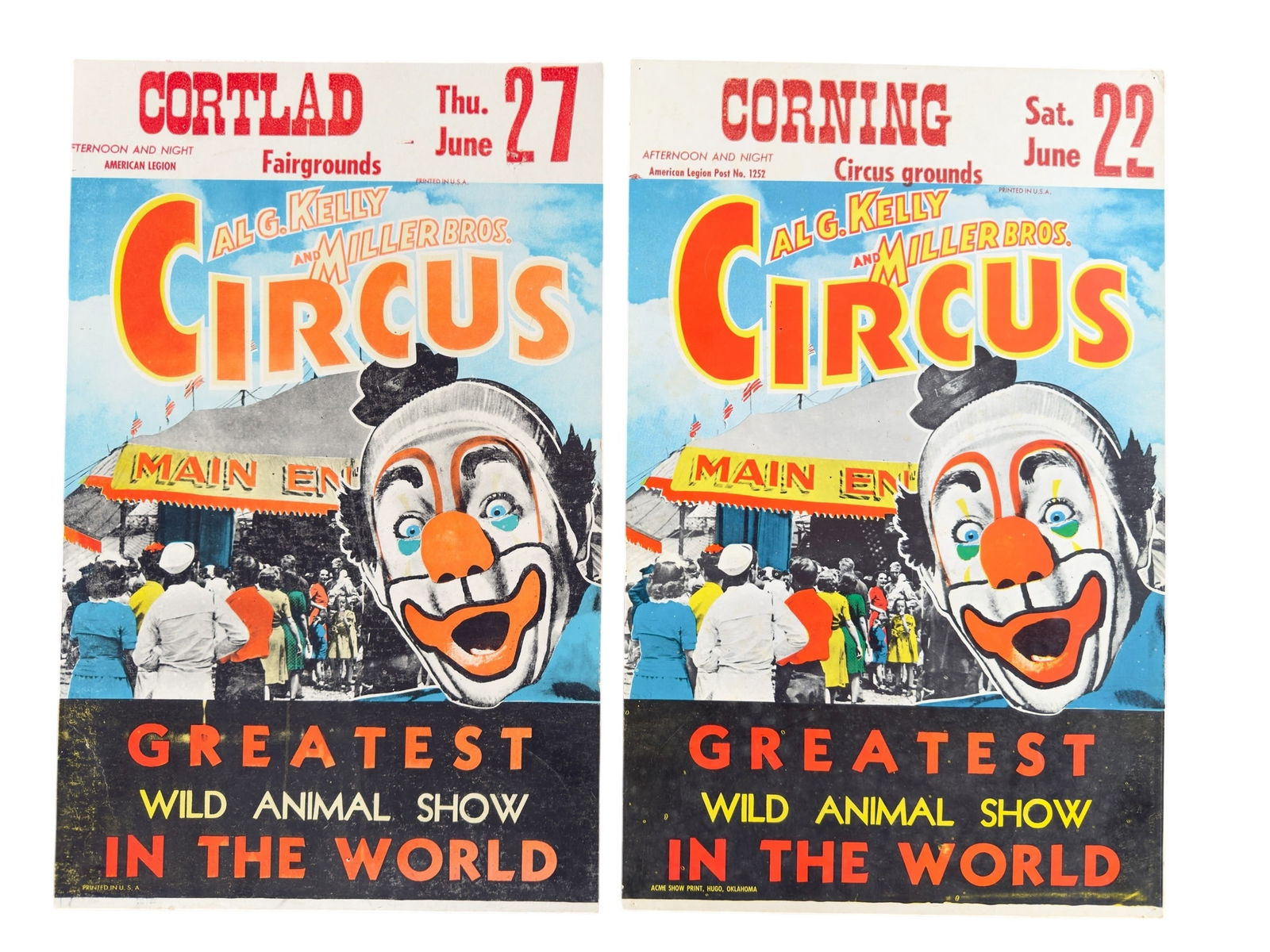 Pair of Vintage AG Kelly & Miller Brothers Circus Screen Printed Poster, Corning NY: From an upstate, NY collection. Pair of Vintage AG Kelly & Miller Brothers Circus screen printed poster on light card. For the Corning, NY shows Saturday June 22nd. Each measures approx 22" x 14".