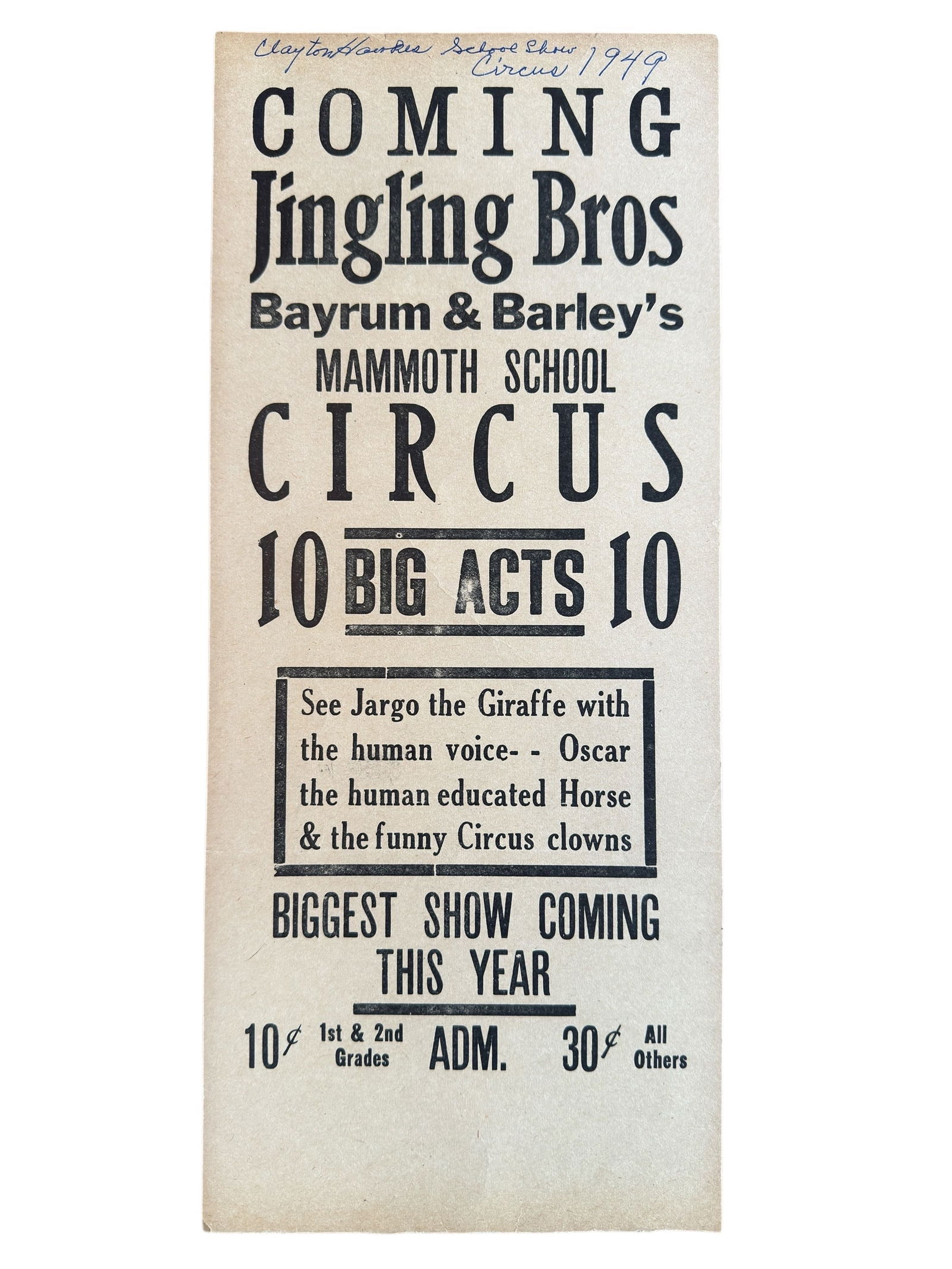 1949 Jingling Brothers Bayrum & Barley's Mammoth School Circus Screen Printed Poster, City (1 of 6)