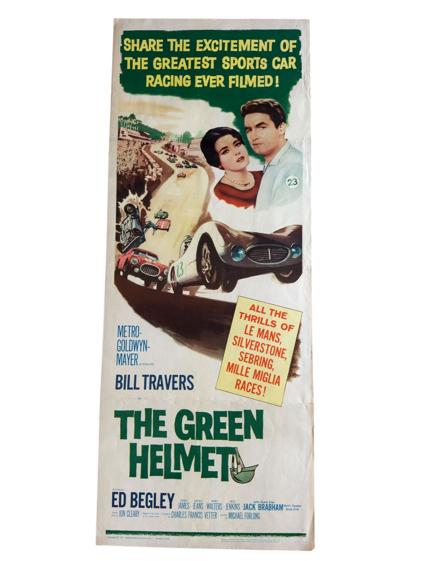1961 The Green Helmet Original Movie Poster Bill Travers Motorsport Vintage Car Racing: From a notable upstate NY collection. 1961 vintage original movie poster for "The Green Helmet", starring Bill Travers. Measures approx 28" x 22".